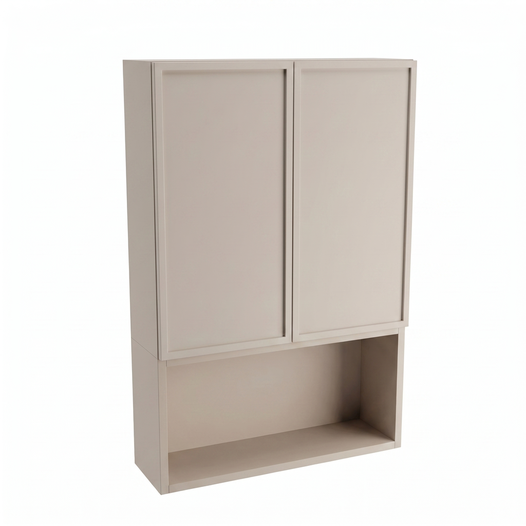 Szafka łazienkowa wisząca Roma 60 cm Kaszmir nad Geberit z dwojgiem drzwi, półką i otwartą wnęką, nowoczesny i elegancki mebel ścienny do łazienki.