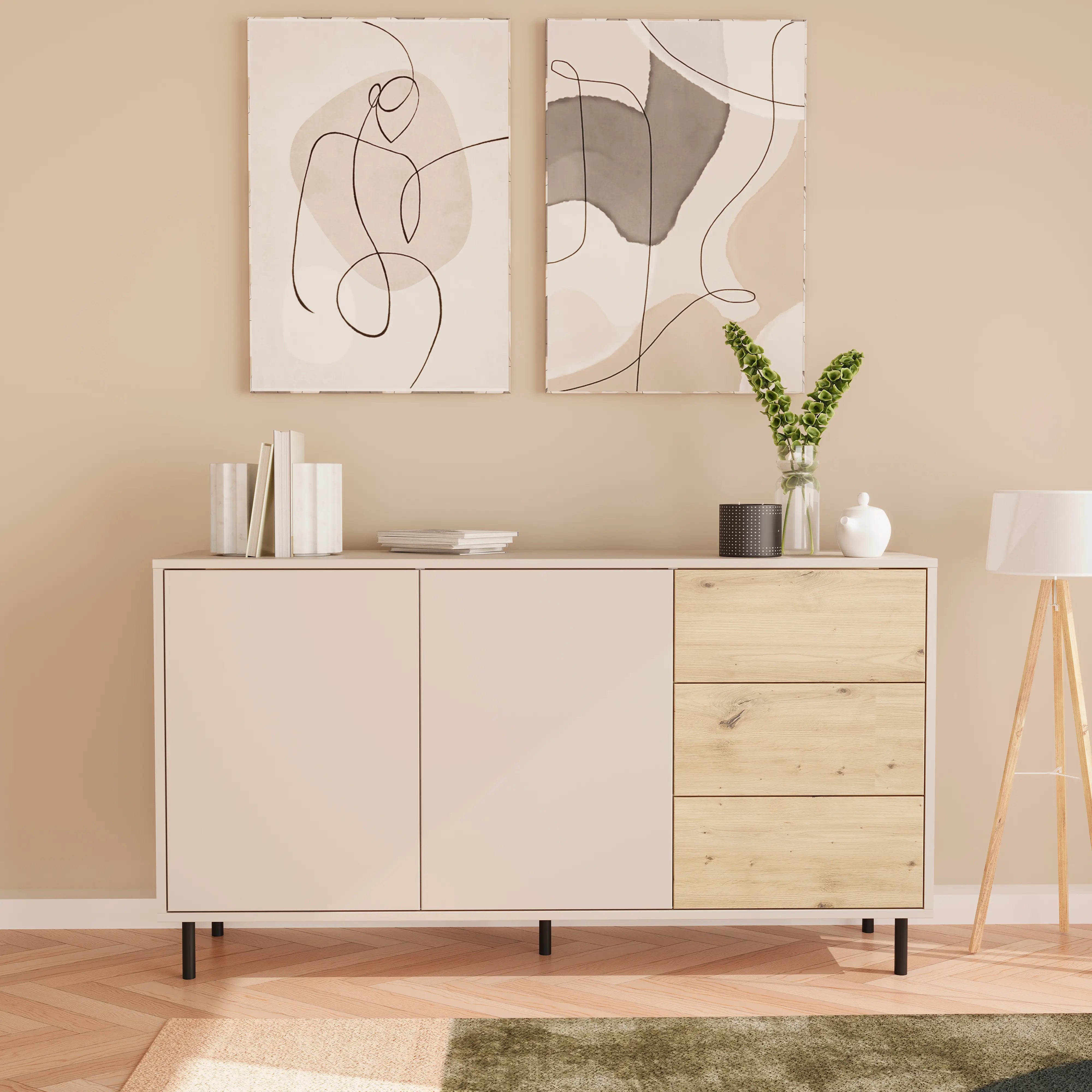 Komoda 150 cm, 2 drzwi, 3 szuflady Kaszmir/Dąb artisan Lola