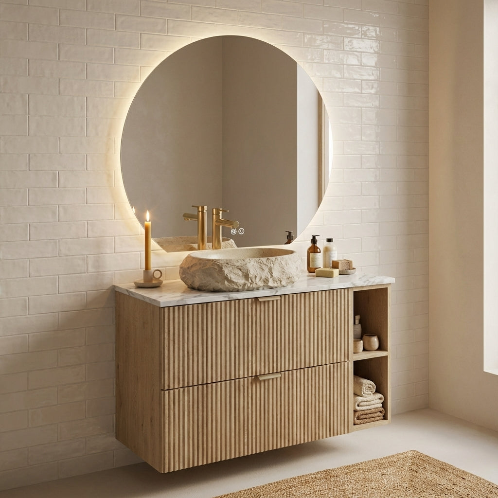 Zestaw mebli łazienkowych: Szafka z 2 szufladami z umywalką, lustro LED Dąb Cremona Willy