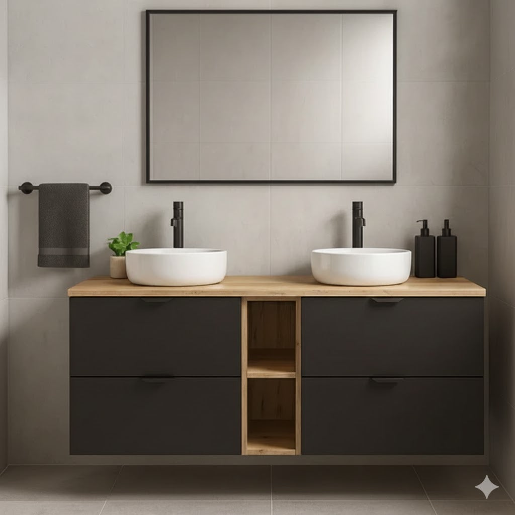 Zestaw mebli łazienkowych: Szafka pod umywalkę 140 cm z regałem Orio - Czarny/Dąb artisan