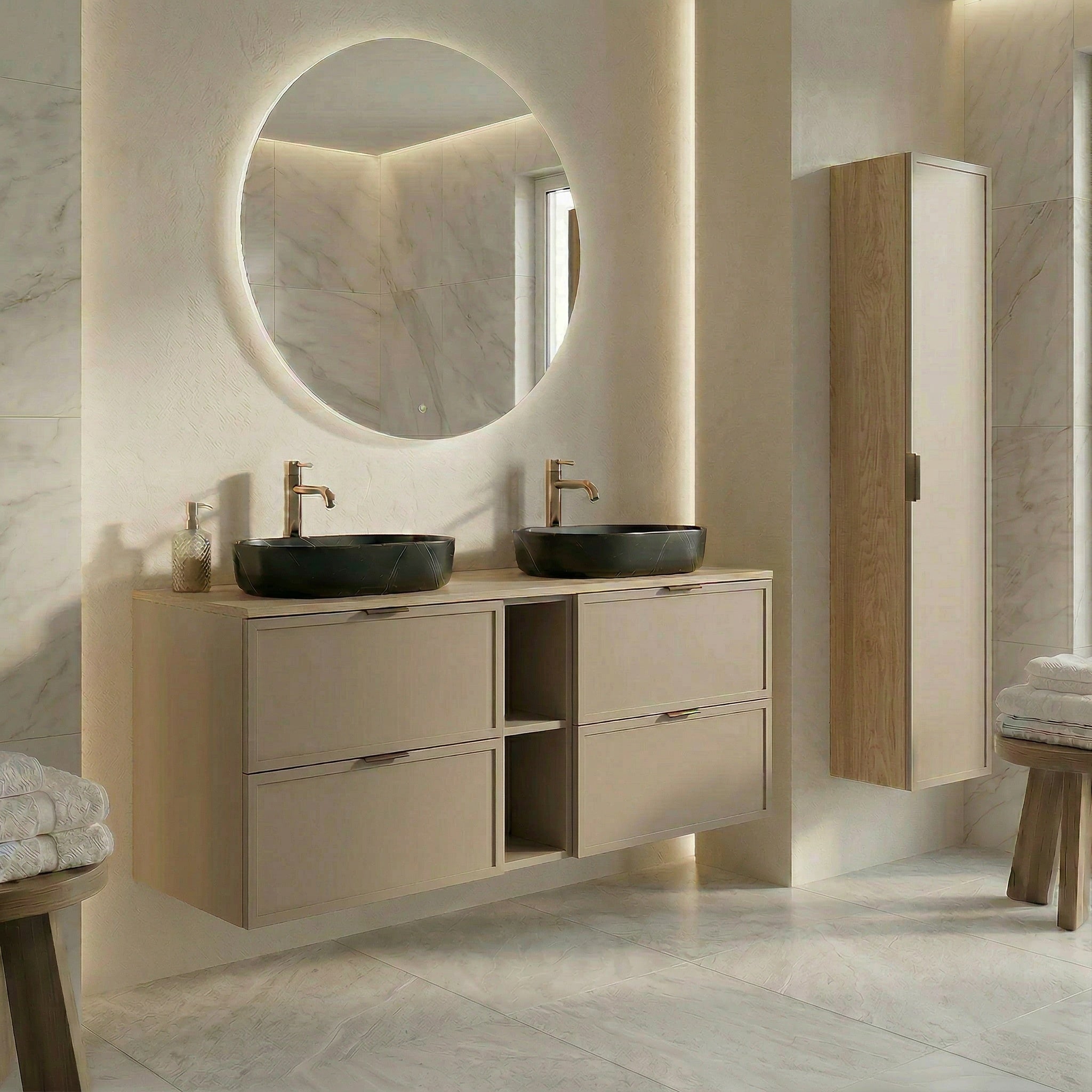 Szafka pod umywalkę z regałem 140 cm Roma - Kaszmir/Dąb Cremona blat