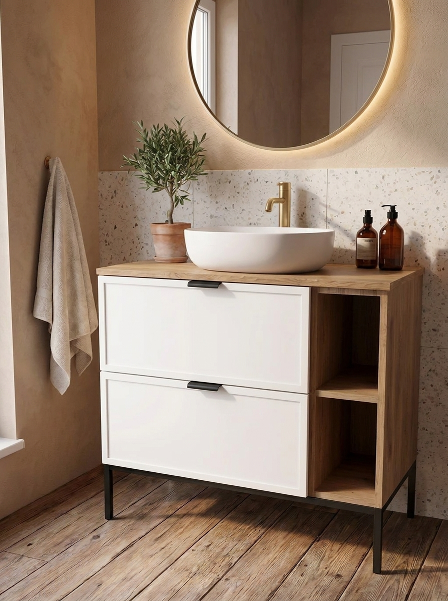 Szafka pod umywalkę na stelażu 80 cm z regałem Roma - Biały/Dąb Cremona