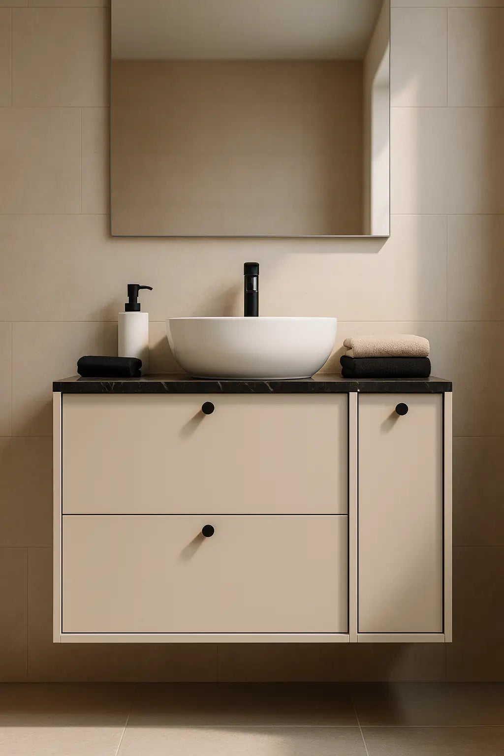 Szafka pod umywalkę z regałem zamkniętym 80 cm Belino - Kaszmir/Marmur Czarny blat