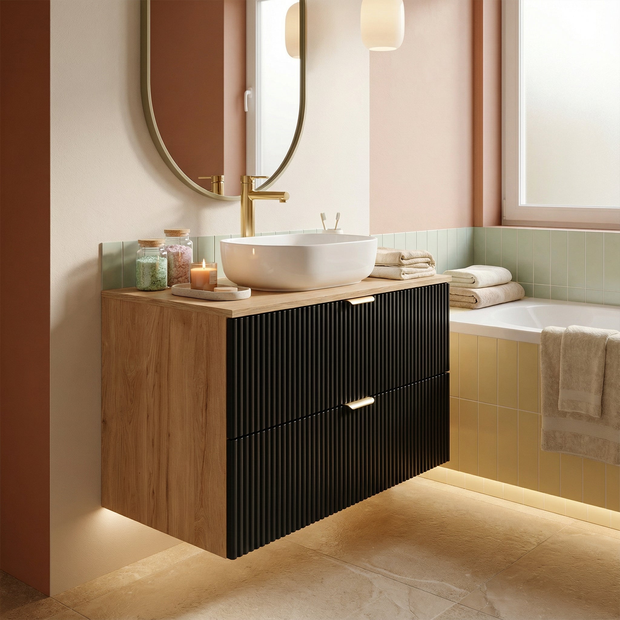 Szafka pod umywalkę z ryflowanymi frontami 80 cm Willy - Czarny/Orzech