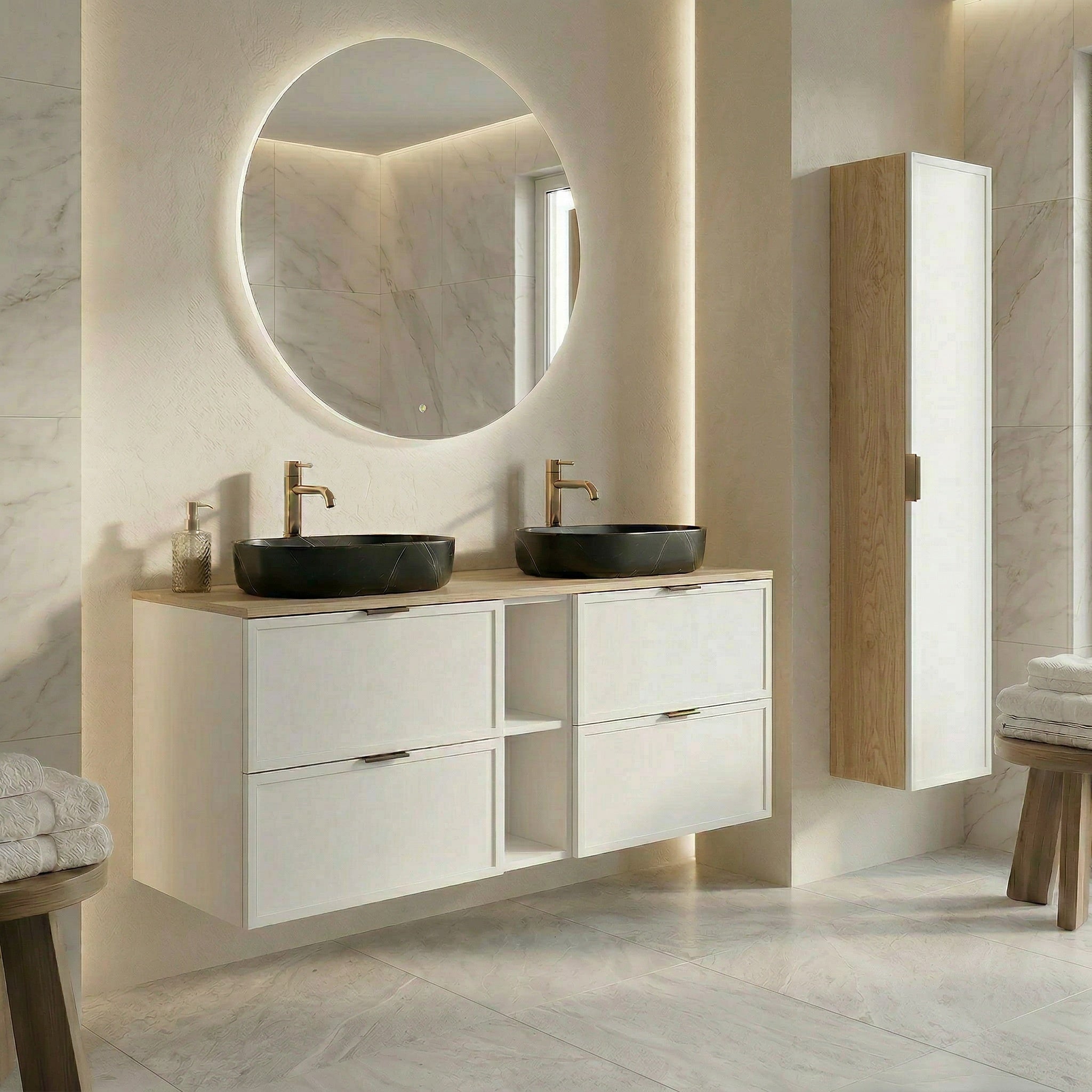 Szafka pod umywalkę z regałem 140 cm Roma - Biały/Dąb Cremona blat