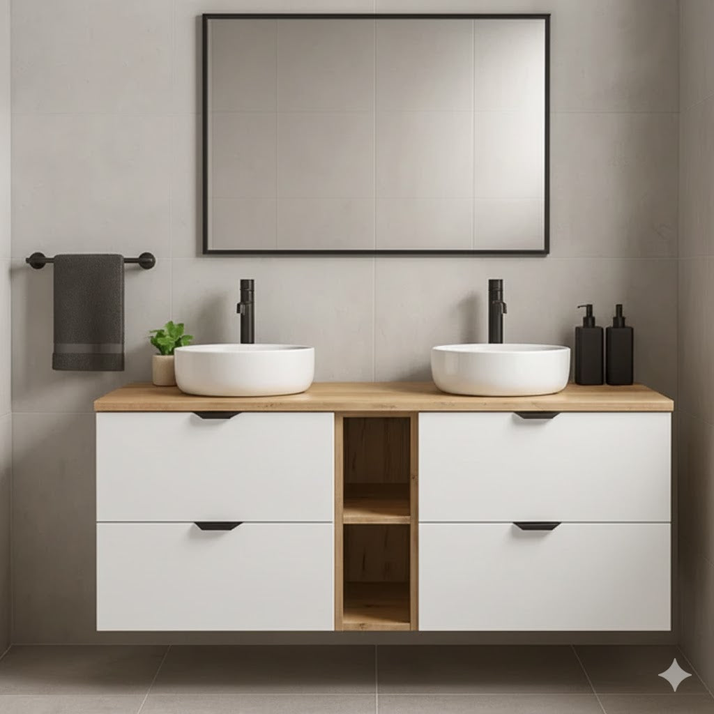 Zestaw mebli łazienkowych: Szafka pod umywalkę 140 cm z regałem Orio - Biały/Dąb artisan