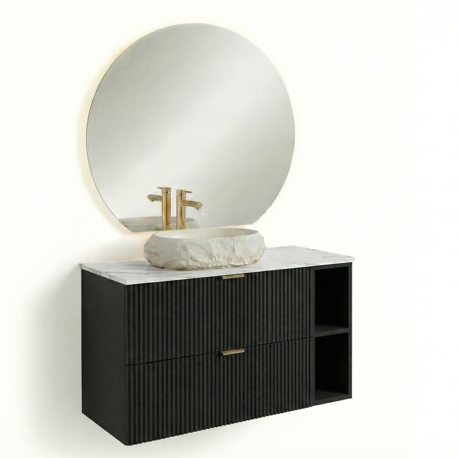 Zestaw mebli łazienkowych: Szafka z 2 szufladami z umywalką, lustro LED Czarny Willy
