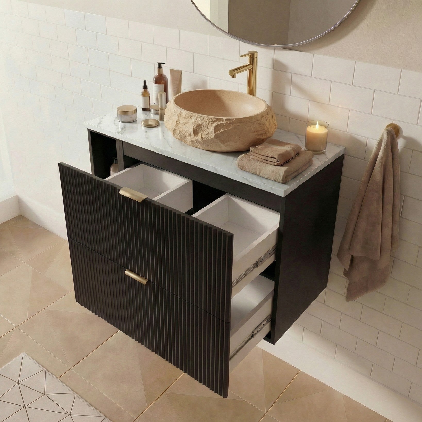 Zestaw mebli łazienkowych: Szafka z 2 szufladami z umywalką, lustro LED Czarny Willy