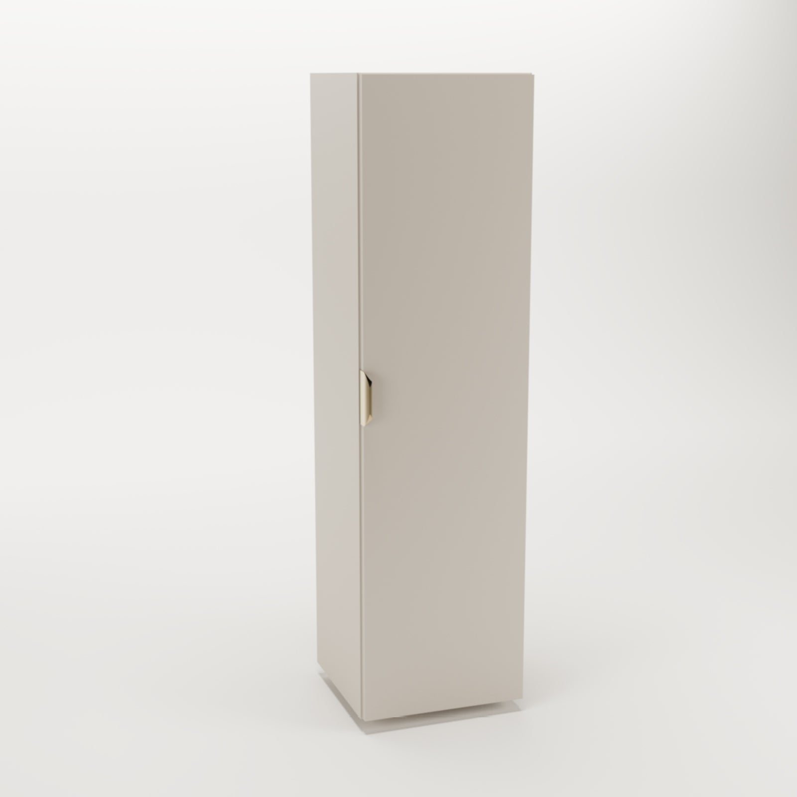 Bad Hochschrank Orio 120 cm in Kaschmir mit glatten Fronten und goldenen Griffen, moderner Badezimmerhochschrank mit Einlegeböden.