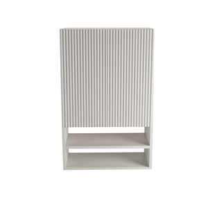 Badezimmer Hängeschrank Willy 60 cm für Geberit in Weiß mit geriffelter Front, zwei Regalböden und offenen Ablagen zur Wandmontage.