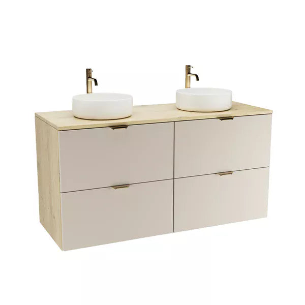 Badmöbel-Set Orio 120 cm mit zwei Waschbecken Carola, vier Schubladen, Fronten in Kaschmir und Korpus in Eiche Artisan, modernes Design.