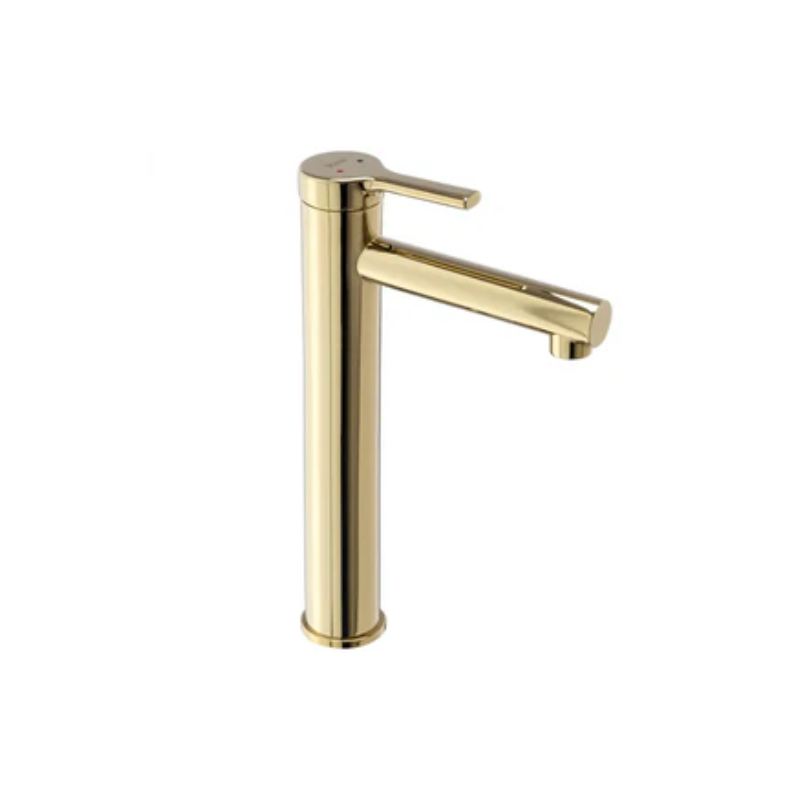 Bateria umywalkowa Pixel wysoka złota – nowoczesna bateria nablatowa z ceramiczną głowicą i trwałą powłoką PVD.