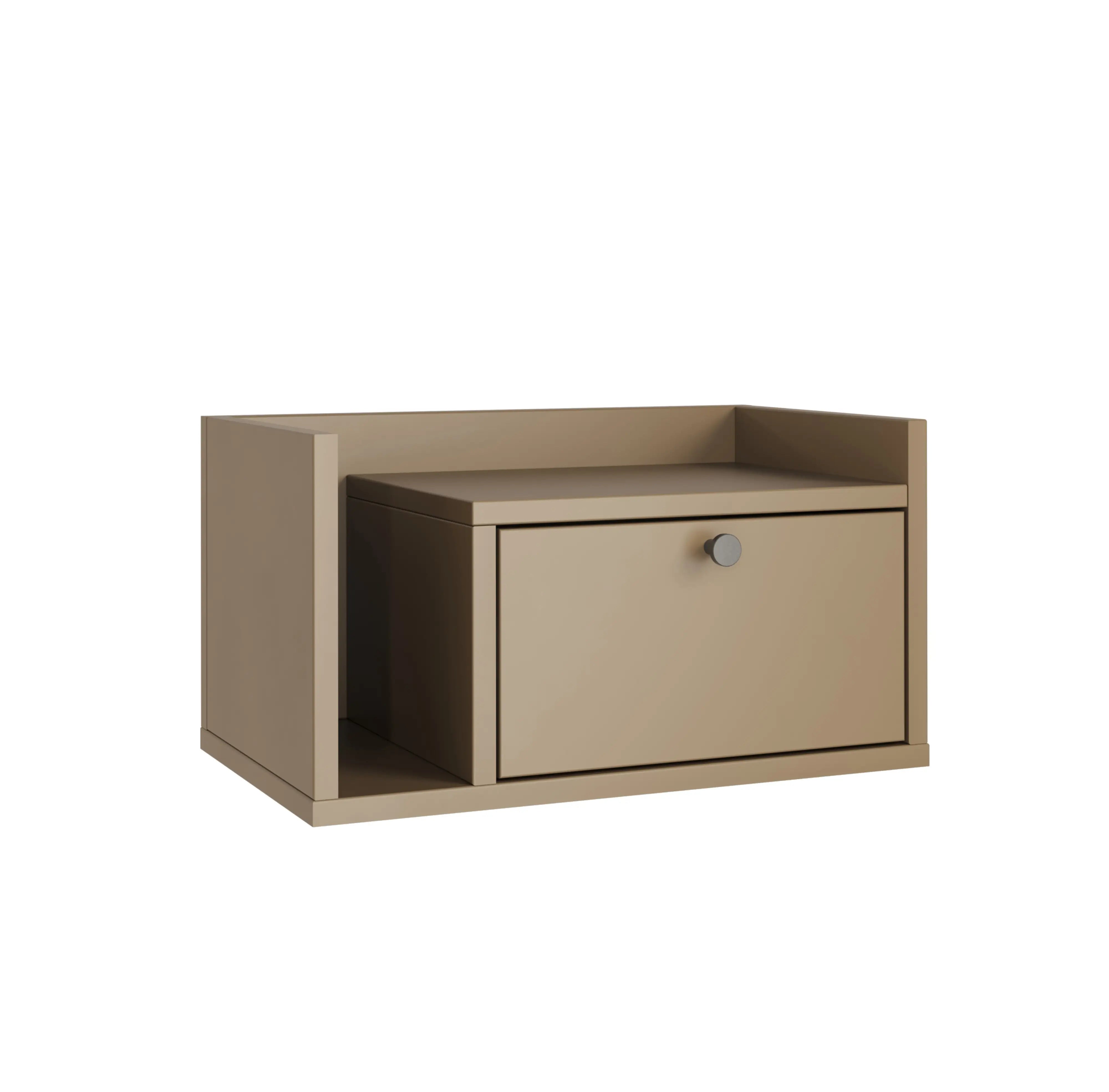 Nachttisch, wandmontiert, mit Schublade und Ablage in Cappuccino Aura. Dieser moderne Nachttisch bietet praktischen Stauraum mit einer Schublade für kleine Utensilien und einer offenen Ablagefläche für Bücher, Dekoration oder andere Gegenstände. Die wandmontierte Konstruktion spart Platz und sorgt für ein aufgeräumtes, minimalistisches Design. Die warme Cappuccino Aura-Farbgebung verleiht dem Nachttisch eine gemütliche und stilvolle Ausstrahlung, die perfekt in jedes Schlafzimmer passt. Ideal für alle, die 