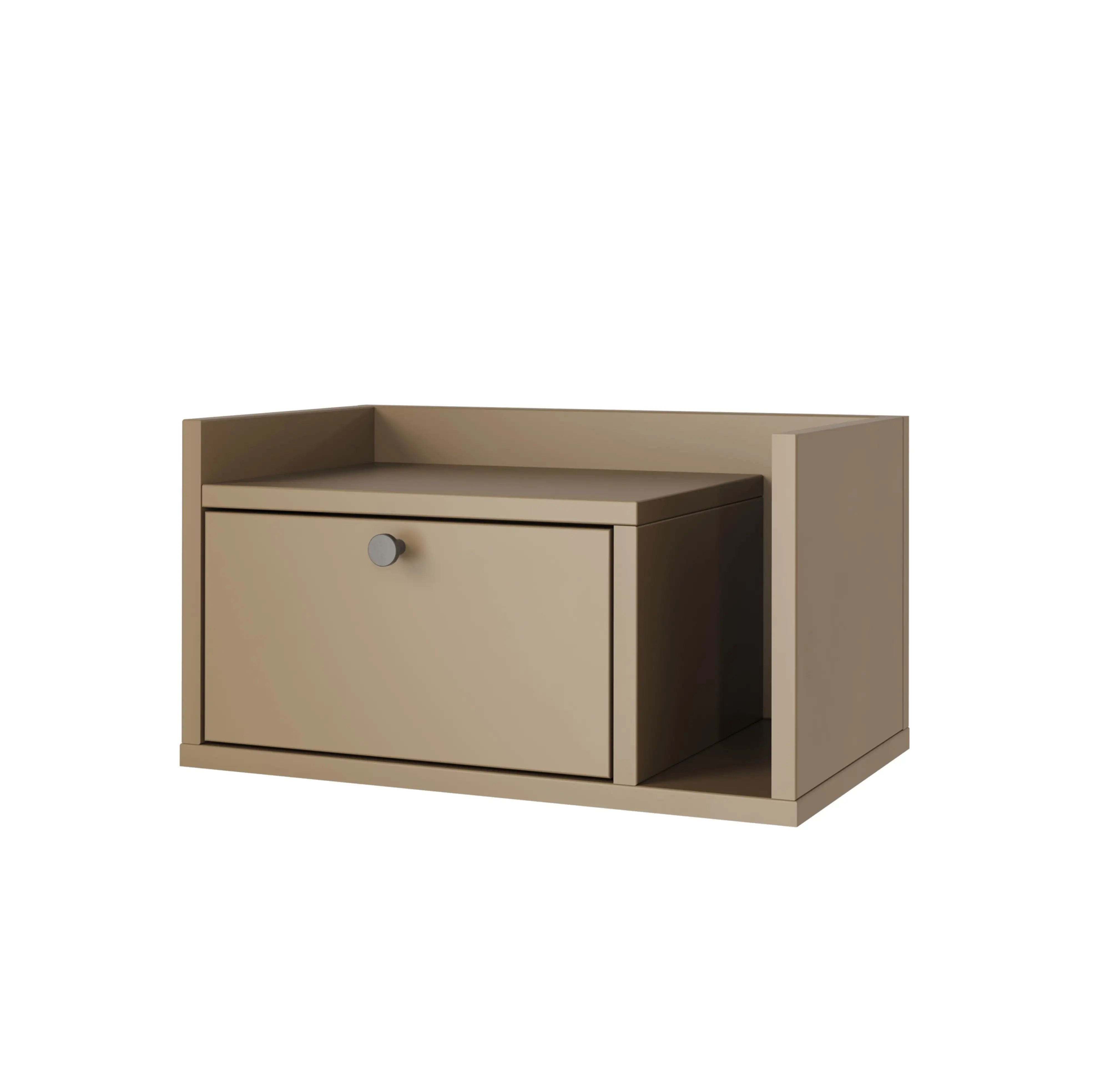 Wandmontierter Nachttisch Aura in Cappuccino mit einer Schublade und Ablage rechts, modernem Knaufgriff in Schwarz oder Gold. Ideal für Schlafzimmer.