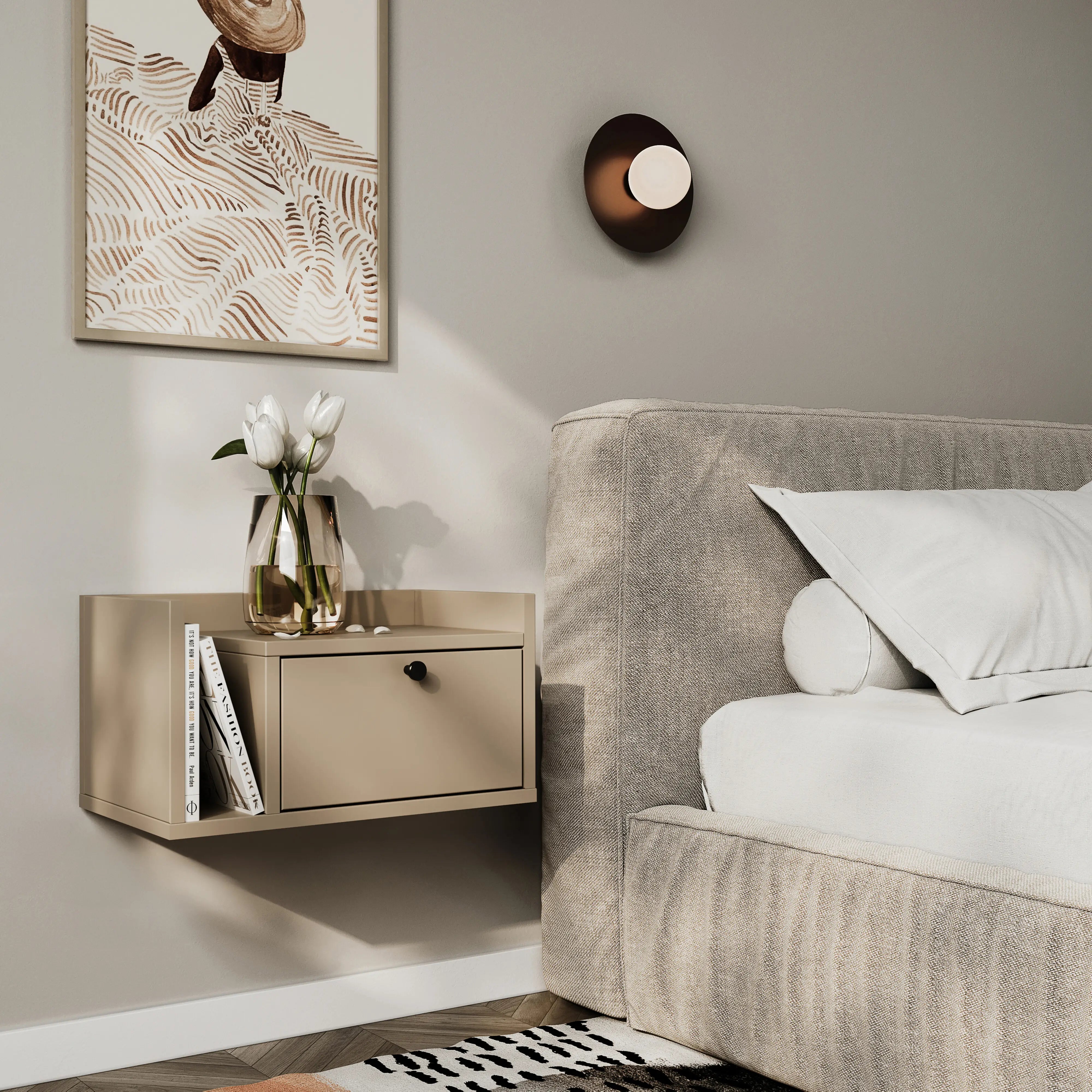 Szafka nocna, wisząca, z szufladą i półką z lewej Cappuccino Aura