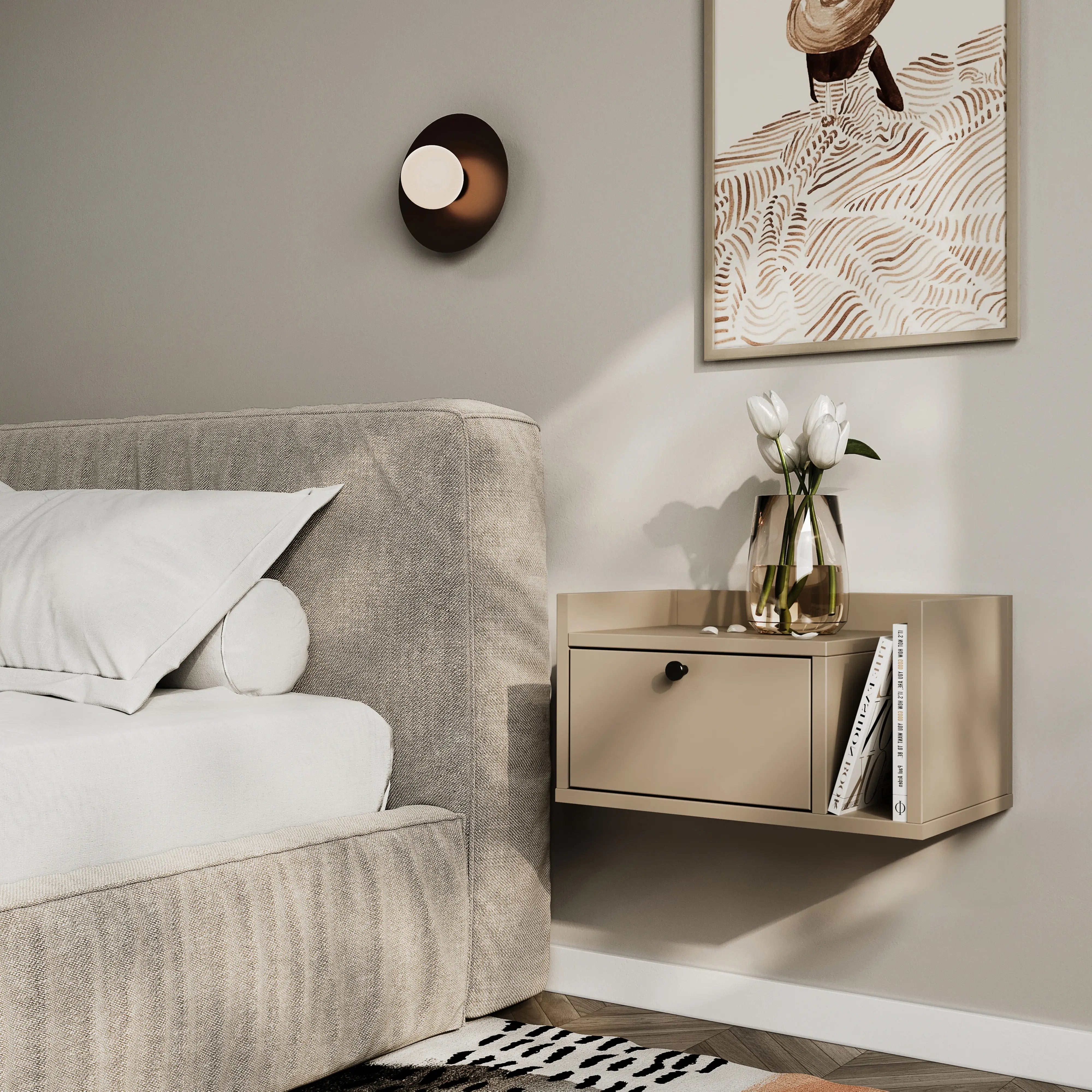 Szafka nocna, wisząca, z szufladą i półką z prawej Cappuccino Aura