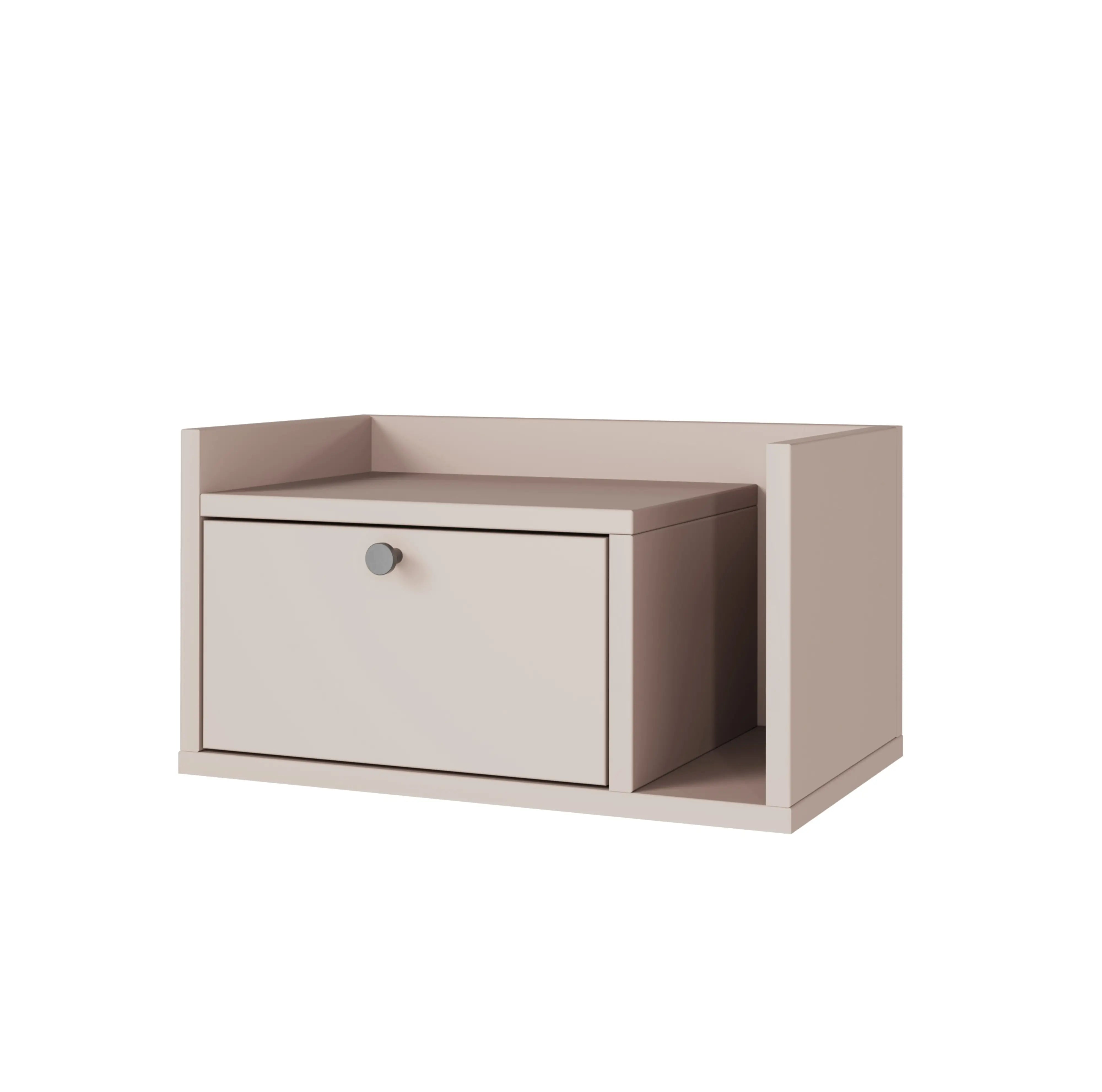 Wandmontierter Nachttisch Aura in Kaschmir mit einer Schublade und Ablage rechts, modernem Knaufgriff in Schwarz oder Gold. Ideal für Schlafzimmer.