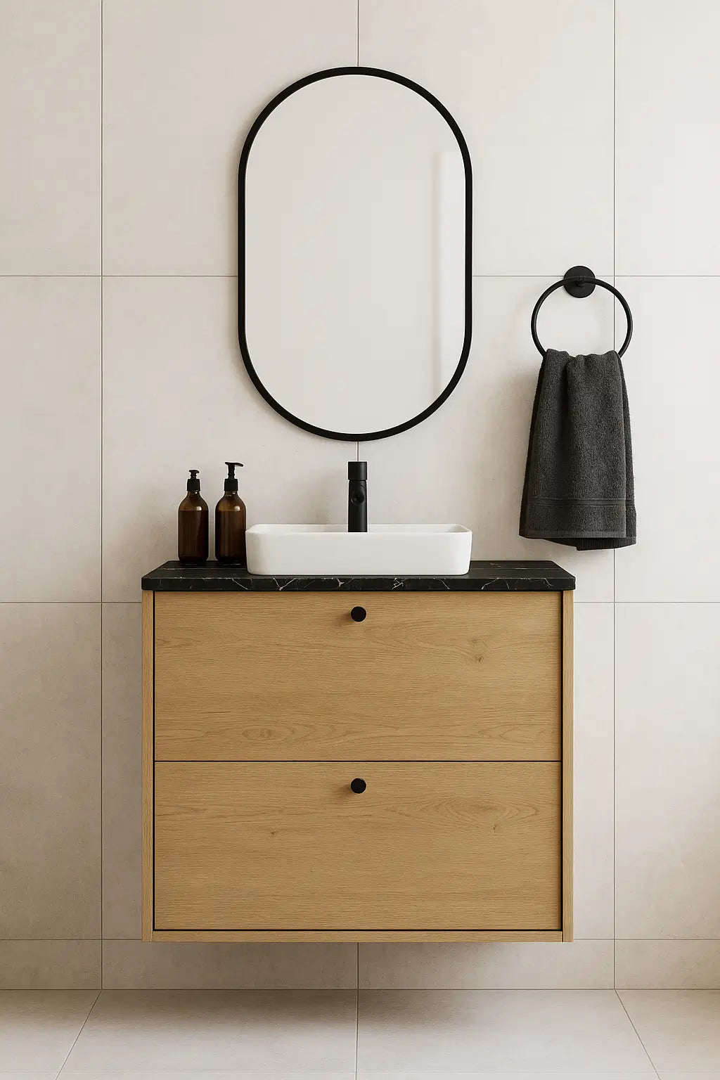 Szafka łazienkowa pod umywalkę 60 cm Belino - Dąb Cremona/Marmur Czarny blat