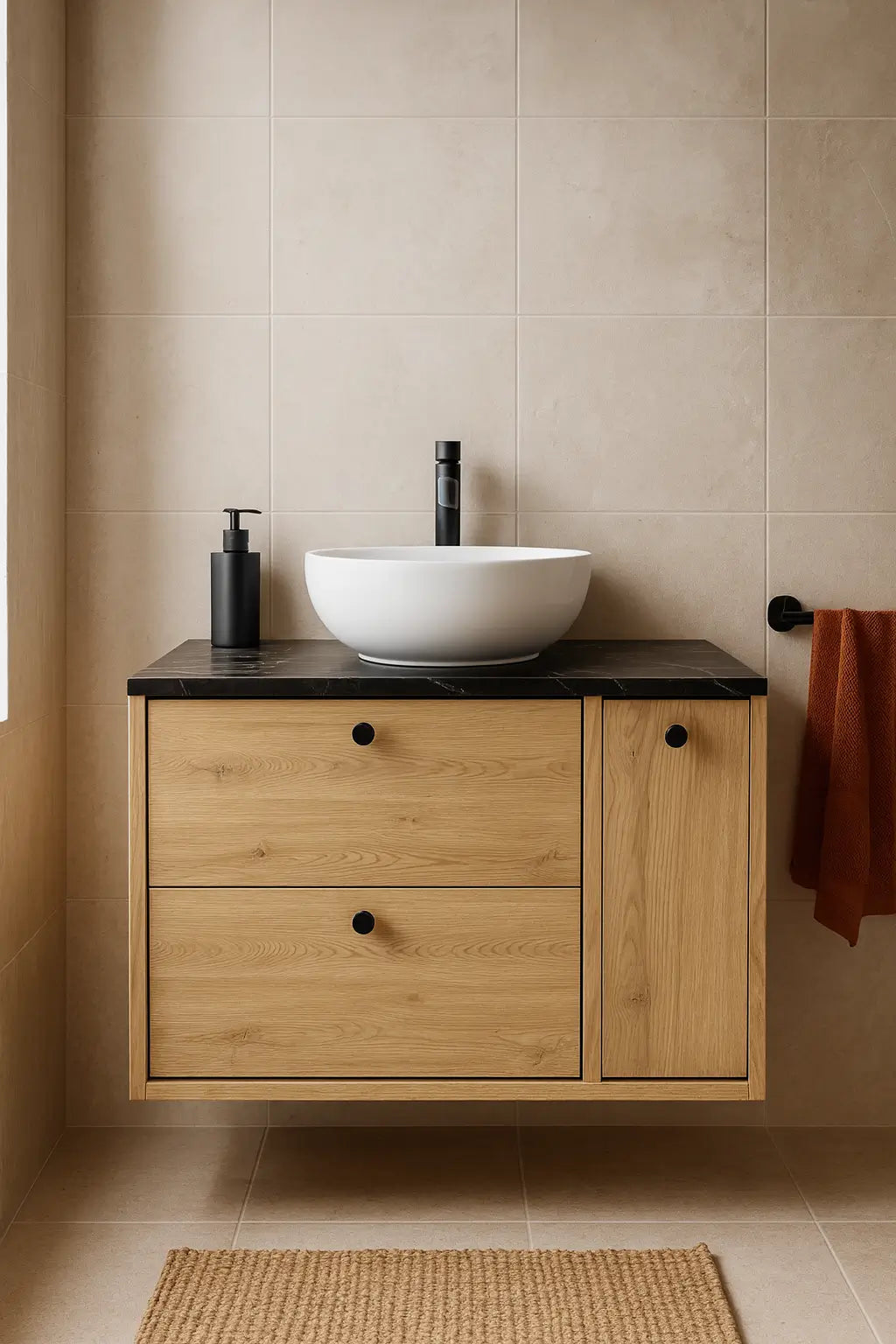 Szafka pod umywalkę z regałem zamkniętym 80 cm Belino - Dąb Cremona/Marmur Czarny blat