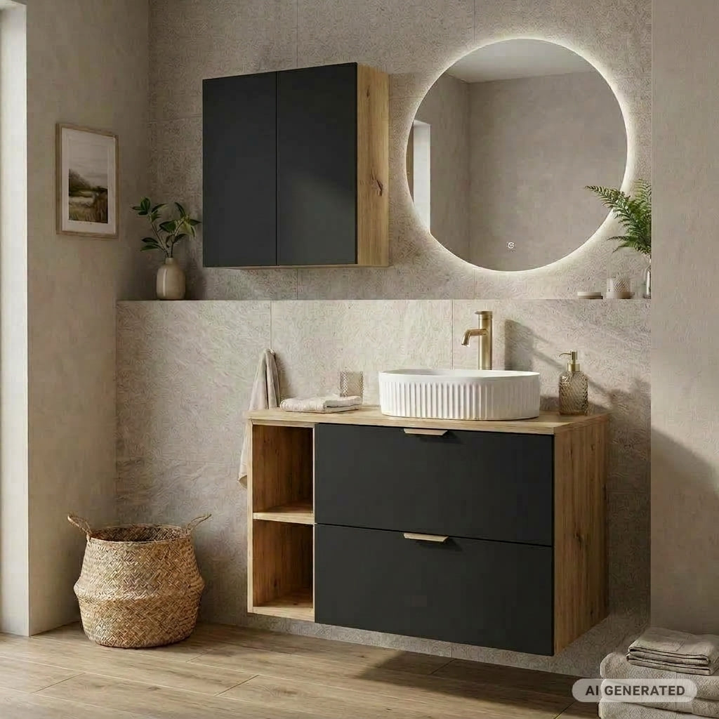Szafka łazienkowa wisząca 60 cm z 2 drzwiczkami Orio - Czarna/Dąb artisan
