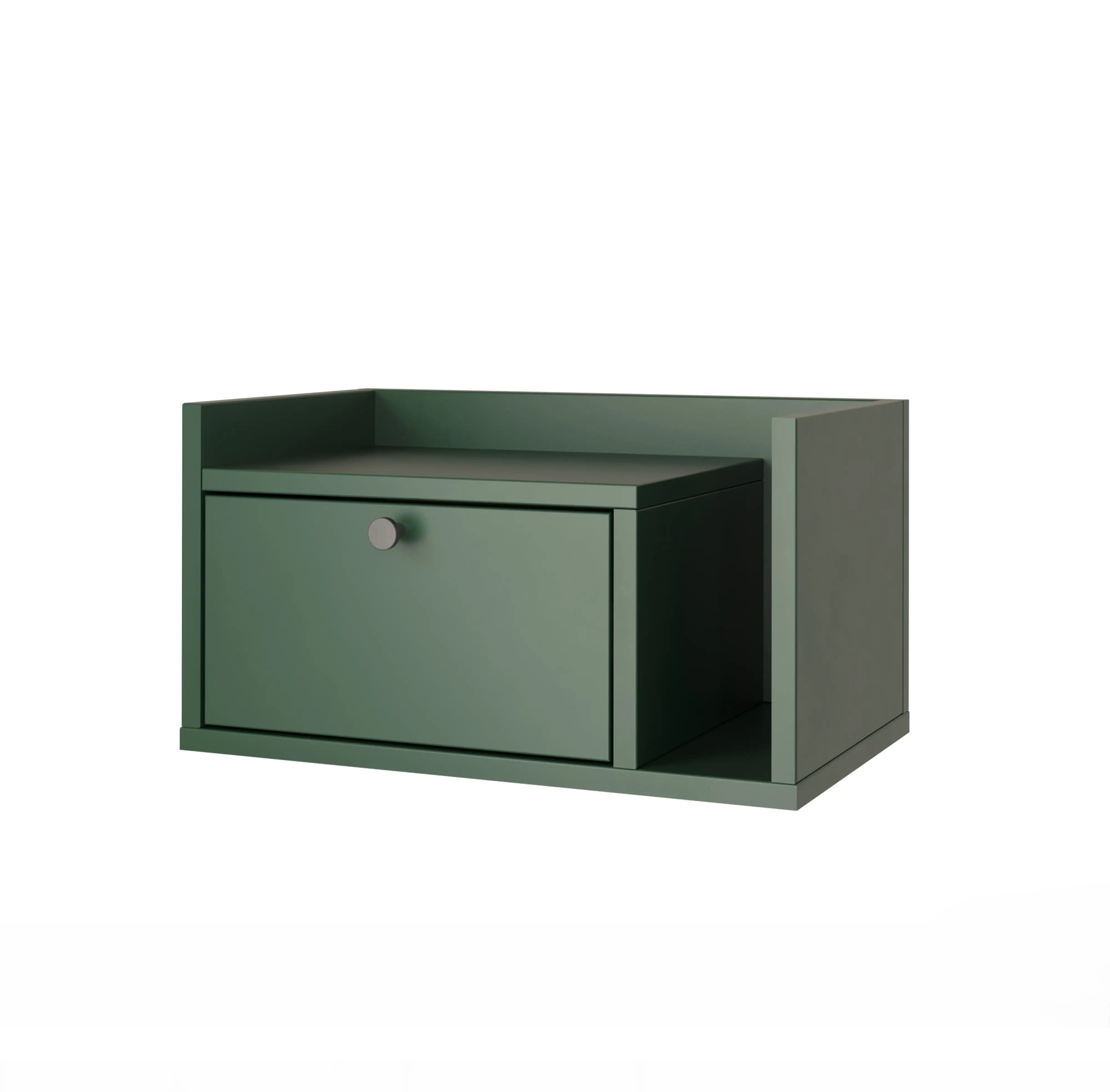 Wandmontierter Nachttisch Aura in Salbei mit einer Schublade und Ablage rechts, modernem Knaufgriff in Schwarz oder Gold. Ideal für Schlafzimmer.
