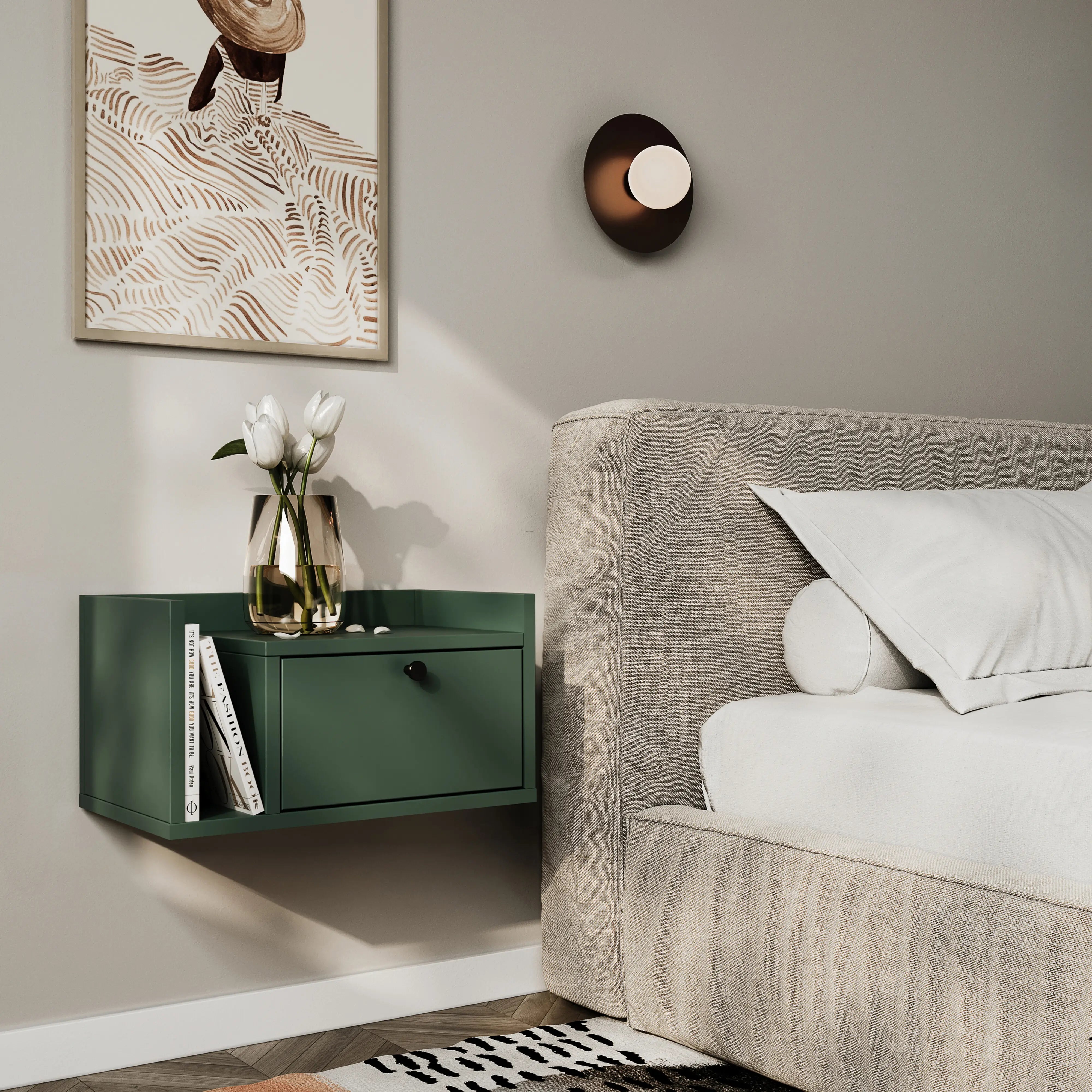 Szafka nocna, wisząca, z szufladą i półką z lewej Szałwiowa Aura