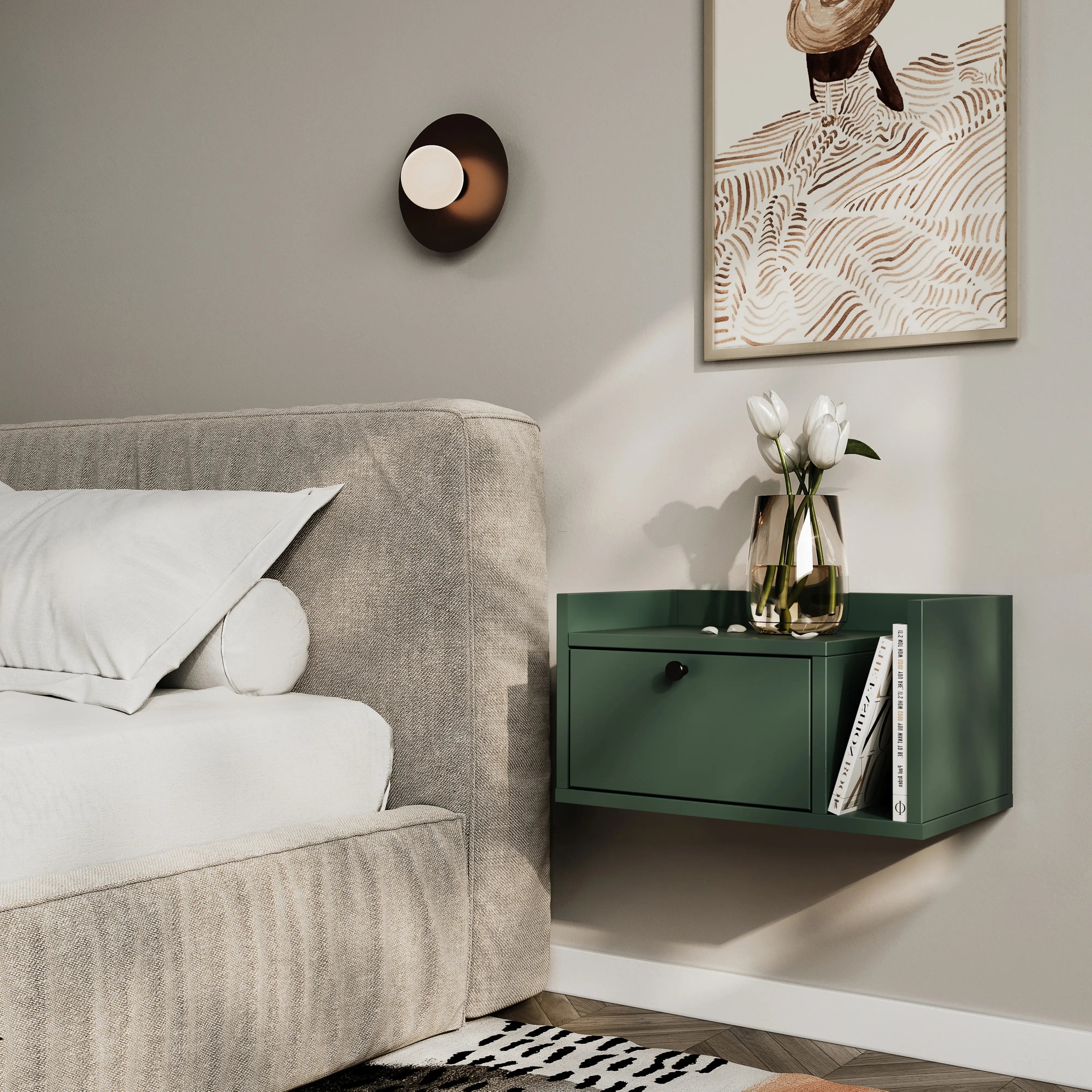 Szafka nocna, wisząca, z szufladą i półką z prawej Szałwiowa Aura