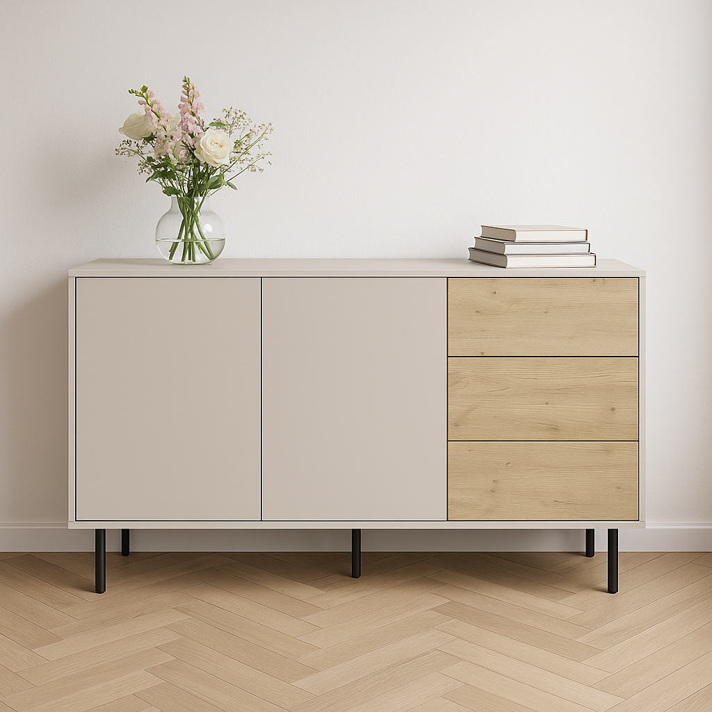 Komoda 150 cm Kaszmir/Dąb artisan Lola z 2 drzwiami i 3 szufladami – elegancka i funkcjonalna do salonu, sypialni i przedpokoju.