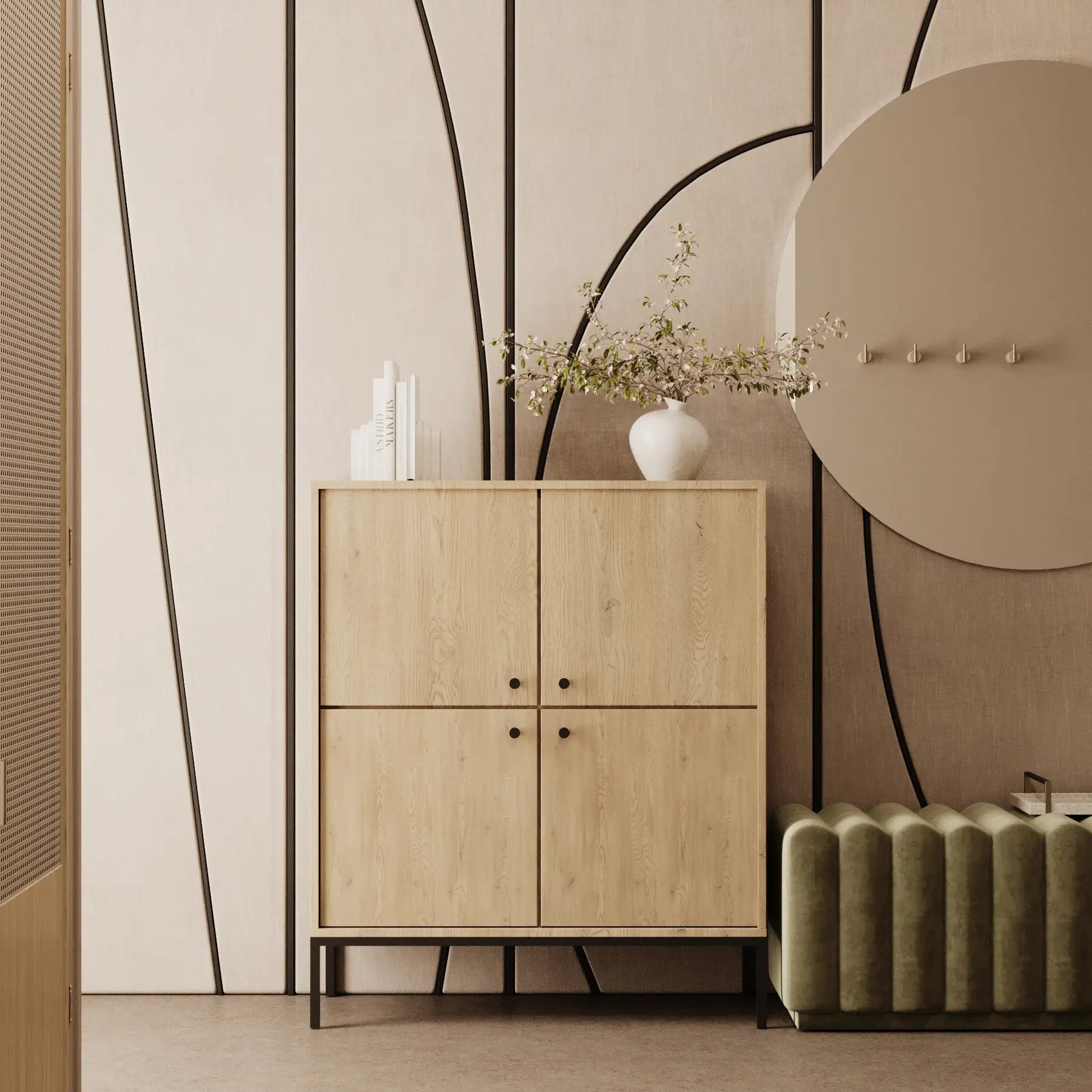 Wysoka komoda 100 cm Gaja w kolorze Dąb Cremona z 4 drzwiami, czarnym metalowym stelażem i eleganckim minimalistycznym designem.