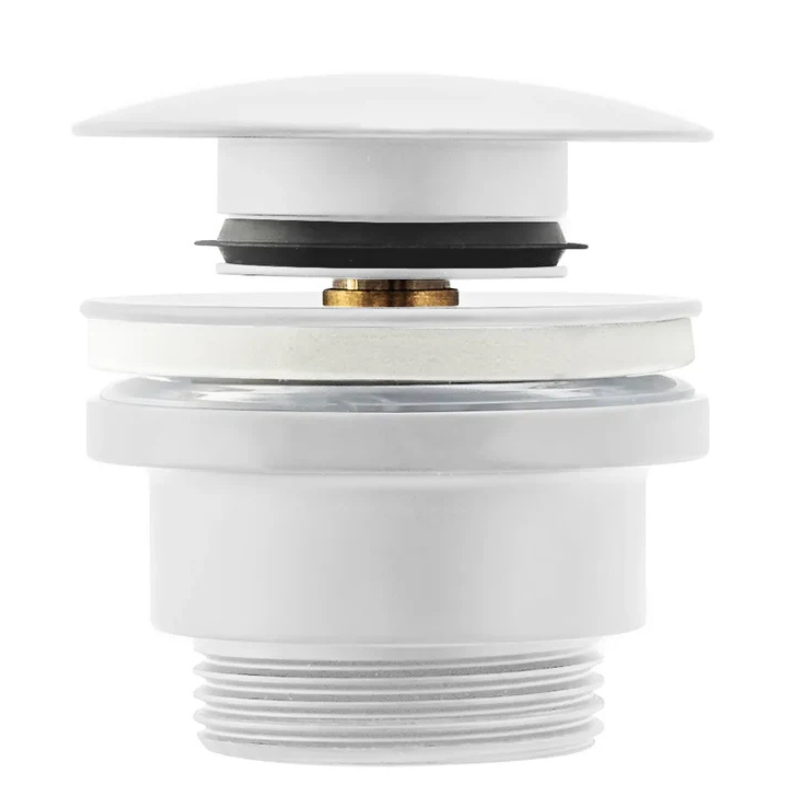 Biały korek umywalkowy Klik-Klak z mosiądzu, uniwersalny do umywalek z przelewem i bez, z mechanizmem push-to-open, trwały i łatwy w utrzymaniu czystości.