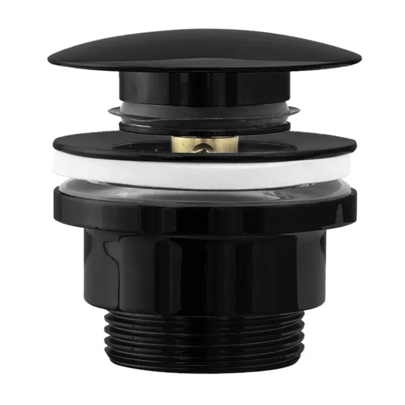 Czarny korek umywalkowy Klik-Klak wykonany z mosiądzu, uniwersalny do umywalek z przelewem i bez, z mechanizmem push-to-open, nowoczesny i trwały.