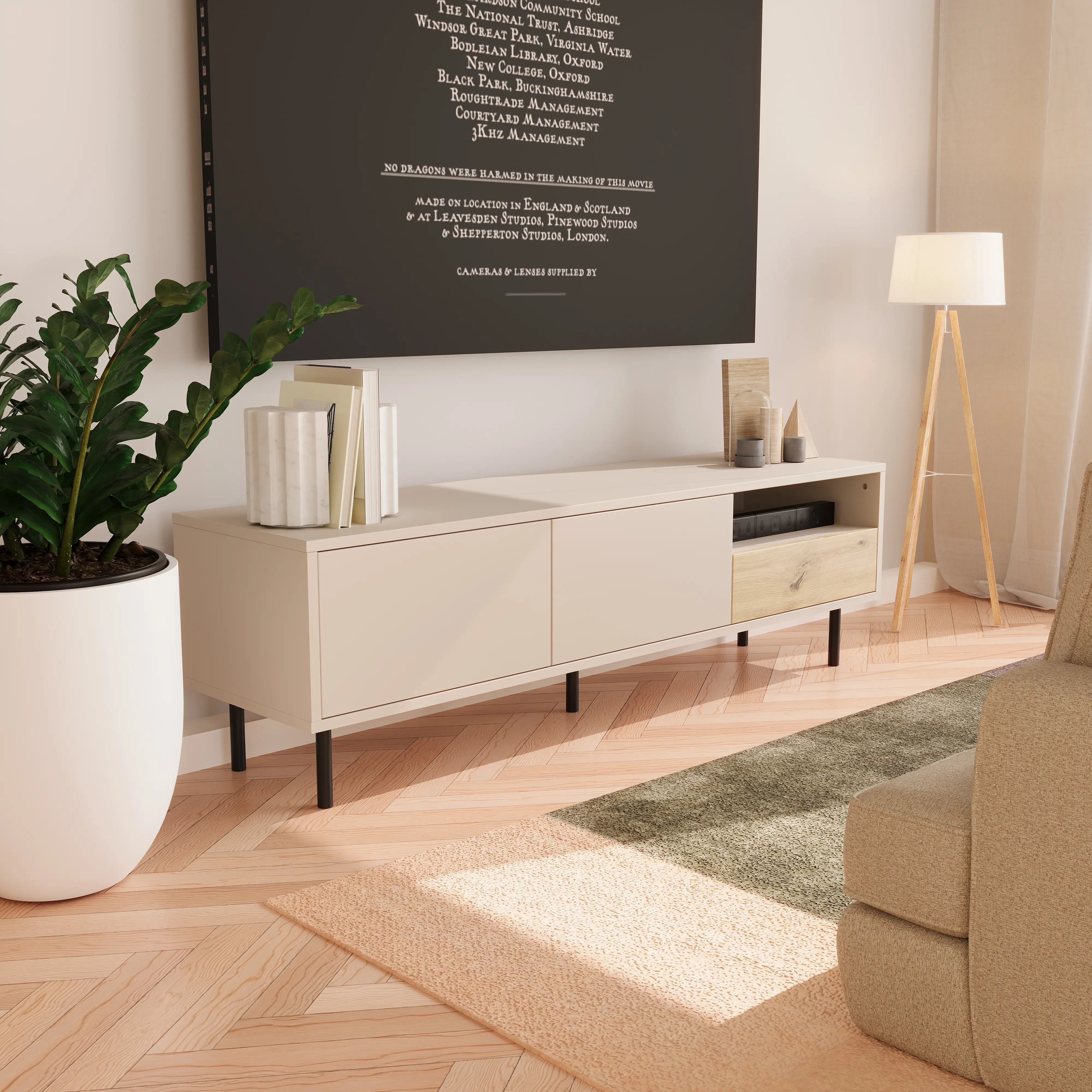 Szafka RTV 150 cm, 2 drzwi, 1 szuflada Kaszmir/Dąb artisan Lola