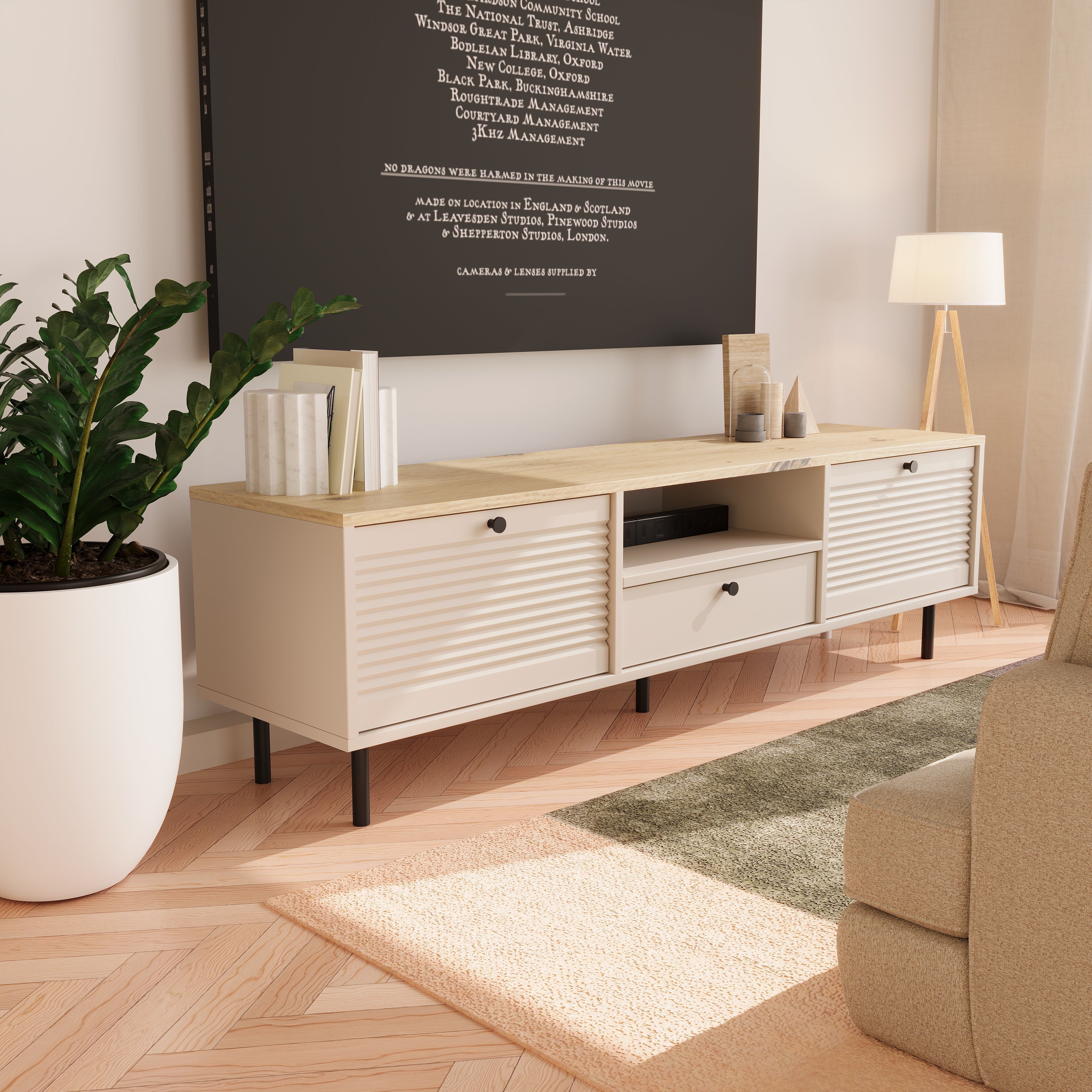 Szafka RTV 160 cm, 3 drzwi, Kaszmir/Dąb artisan Linea