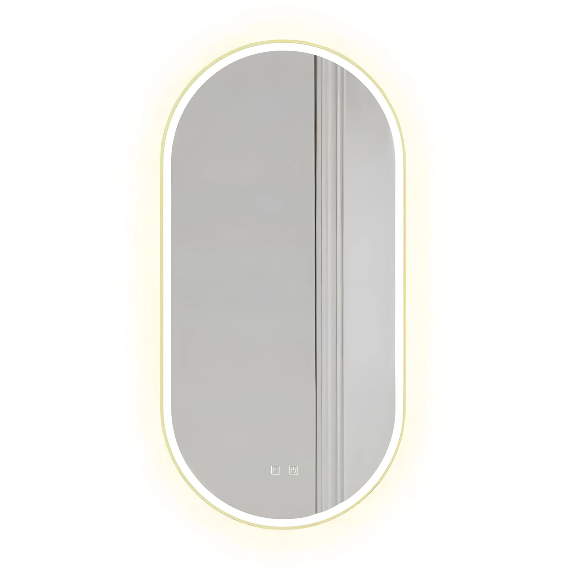 Nowoczesne owalne lustro LED 100x50 cm w złotej aluminiowej ramie z regulacją światła i funkcją anti-fog do łazienki