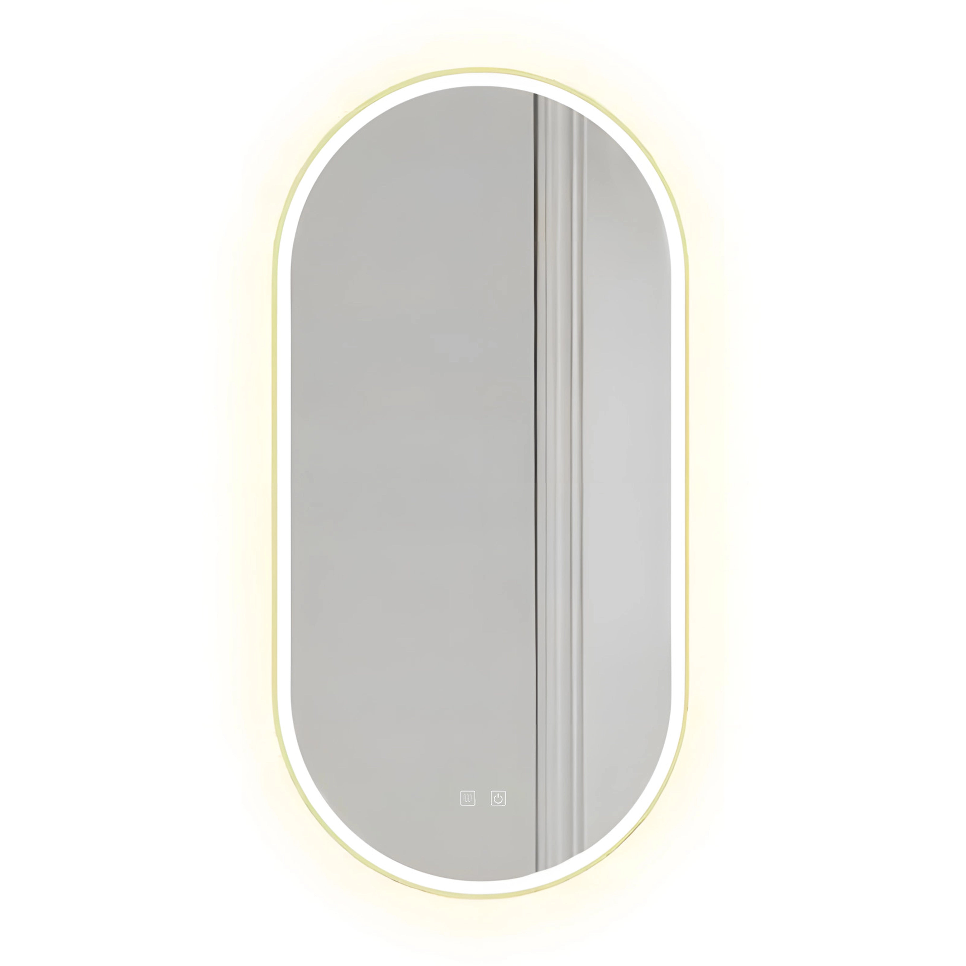 Nowoczesne owalne lustro LED 100x50 cm w złotej aluminiowej ramie z regulacją światła i funkcją anti-fog do łazienki