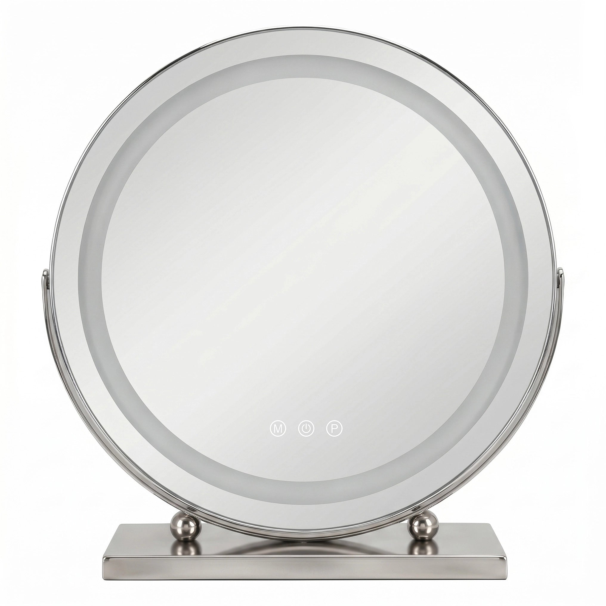 Lustro kosmetyczne LED Make-Up Chrom 40 cm z chromowaną srebrną ramą, regulacją jasności, trzema barwami światła i dotykowym sterowaniem.