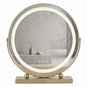 Lustro kosmetyczne LED Make-Up L.Gold 40 cm z elegancką złotą ramą, regulacją jasności, trzema barwami światła i dotykowym sterowaniem.