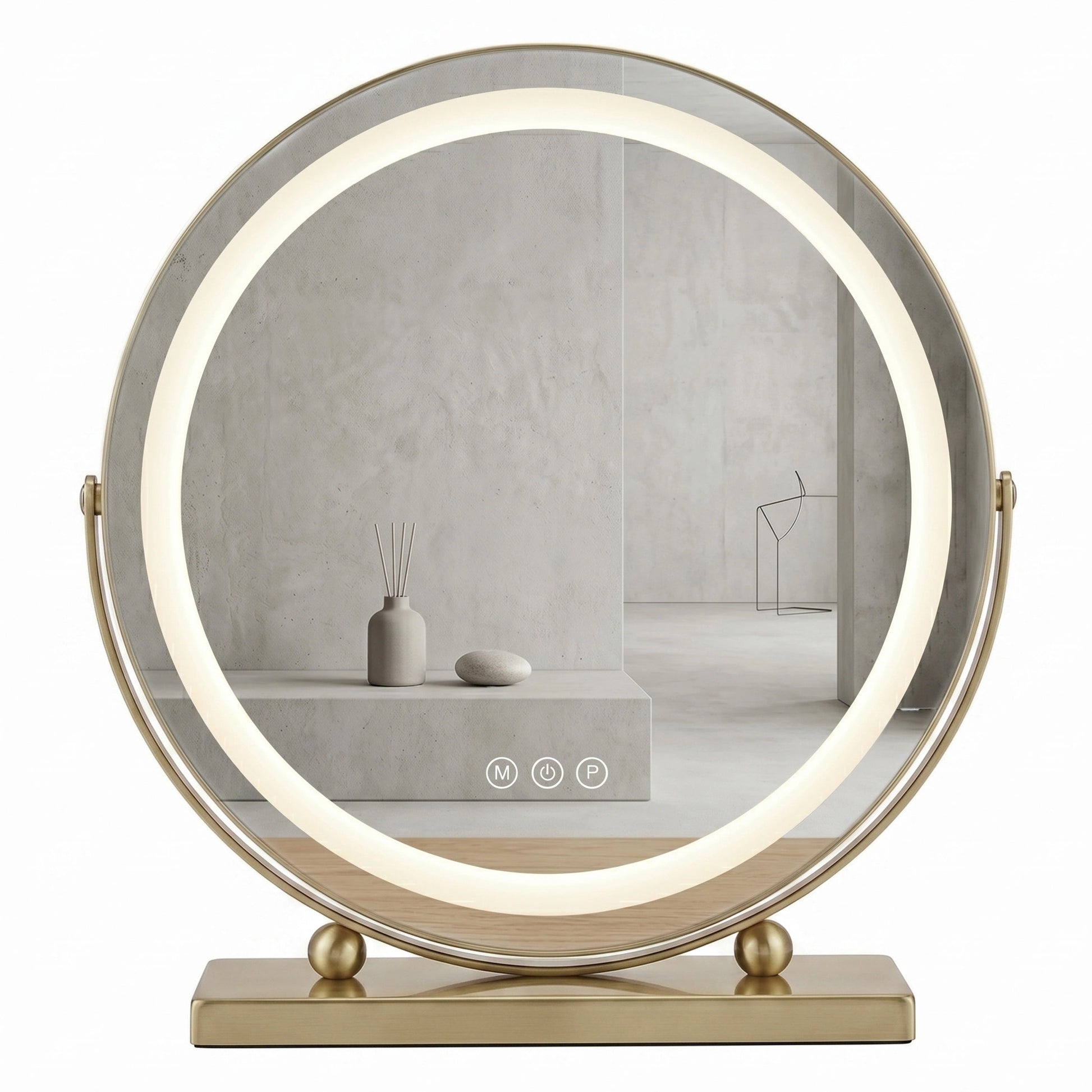 Lustro kosmetyczne LED Make-Up L.Gold 40 cm z elegancką złotą ramą, regulacją jasności, trzema barwami światła i dotykowym sterowaniem.