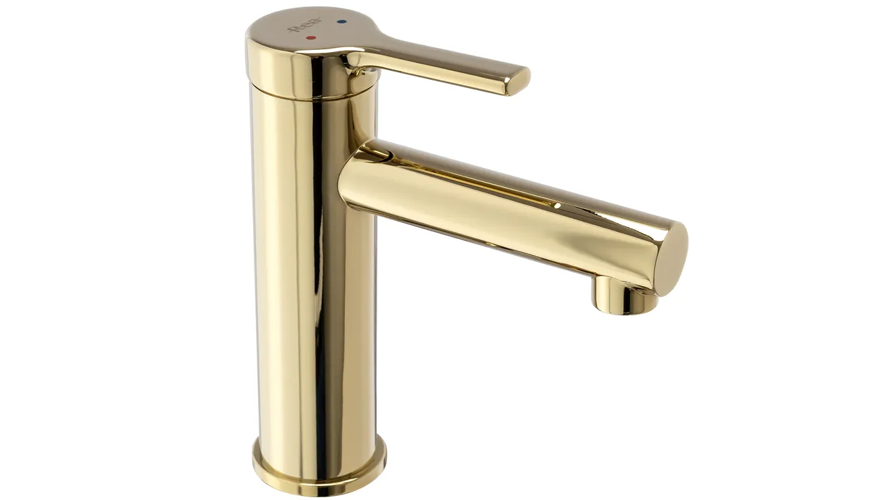 Pixel Waschtischbatterie Gold niedrig – kompakt, langlebig und stilvoll, ideal für Aufsatzwaschbecken im modernen Badezimmer.