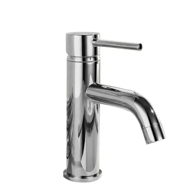 Niska chromowana bateria umywalkowa Lungo 165 mm do łazienki, elegancka bateria łazienkowa z połyskiem i stałą wylewką.