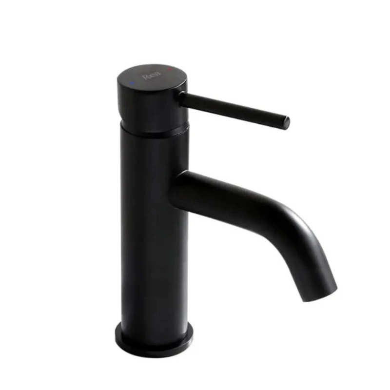 Niska czarna bateria umywalkowa Lungo 165 mm z matowym wykończeniem PVD, nowoczesna bateria do umywalki łazienkowej.