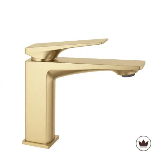 Bateria umywalkowa Prime złoto szczotkowane, niska armatura łazienkowa, mosiądz, powłoka PVD i ceramiczna głowica.