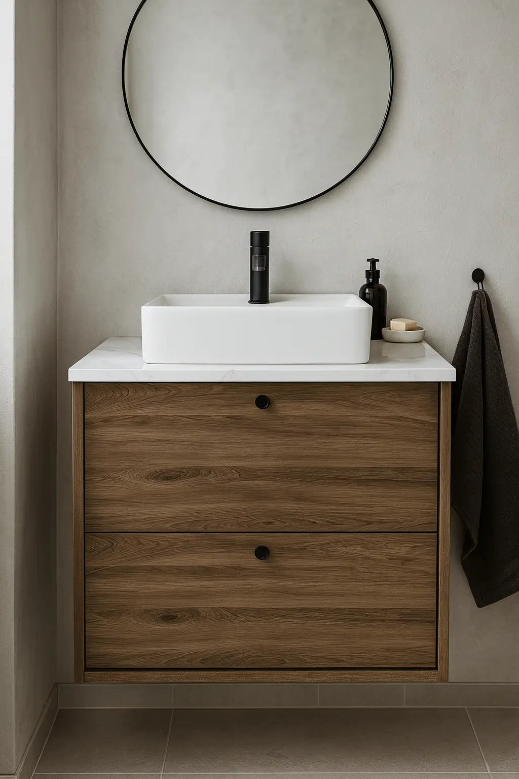 Szafka łazienkowa pod umywalkę 60 cm Belino - Ciemny Orzech/Marmur Bianco blat