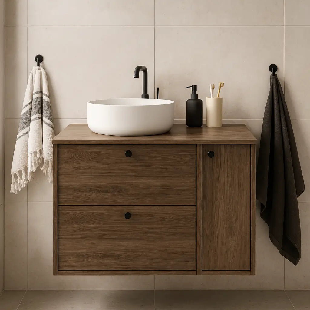 Szafka pod umywalkę z regałem zamkniętym 80 cm Belino - Ciemny Orzech