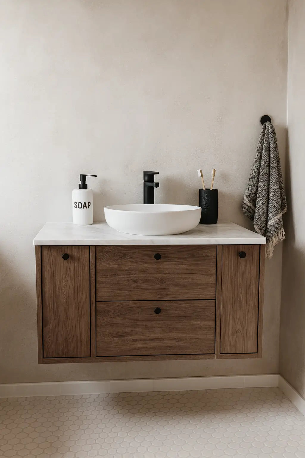 Szafka pod umywalkę z 2 regałami zamkniętymi 100 cm Belino - Ciemny Orzech/Marmur Czarny