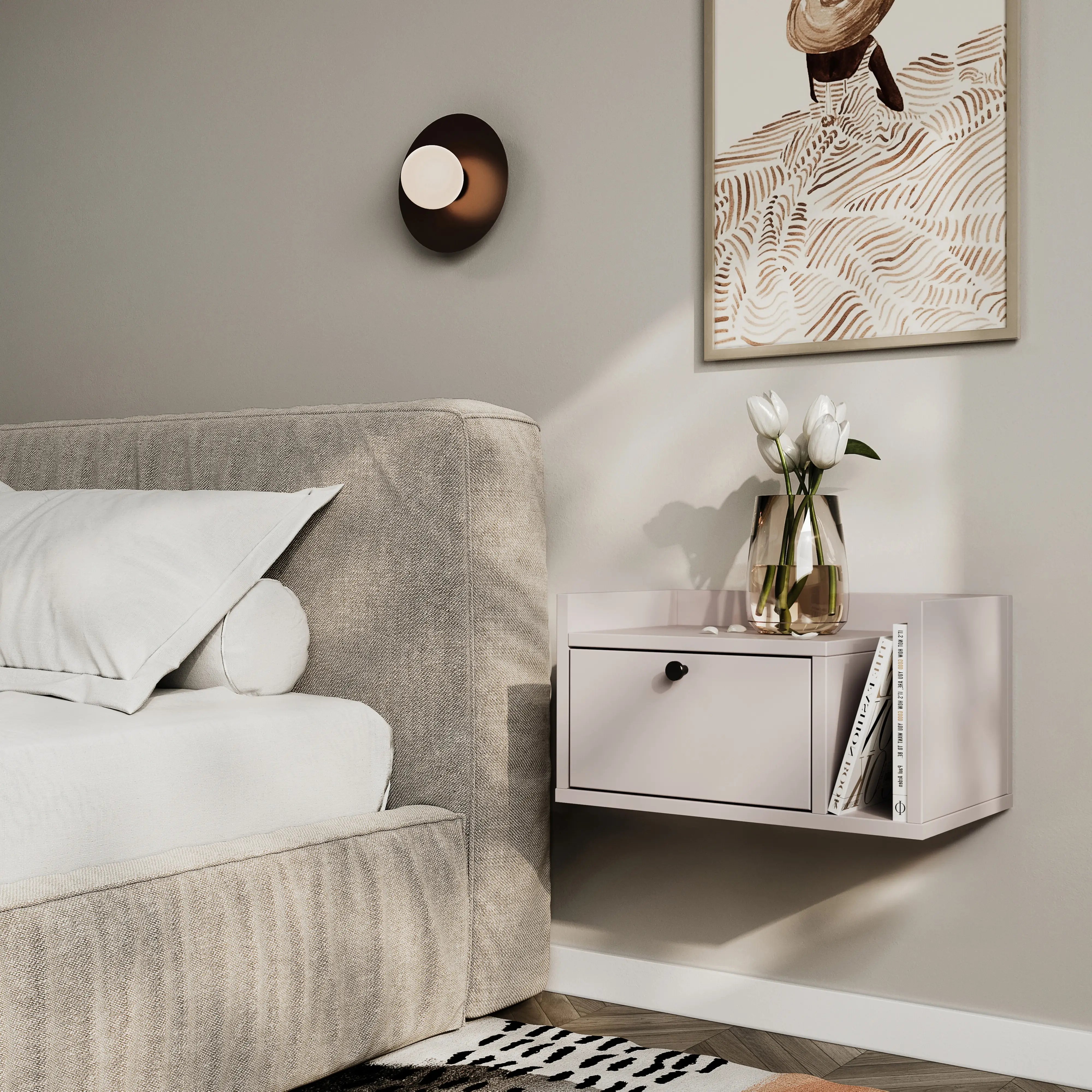 Szafka nocna, wisząca, z szufladą i półką z prawej Kaszmir Aura