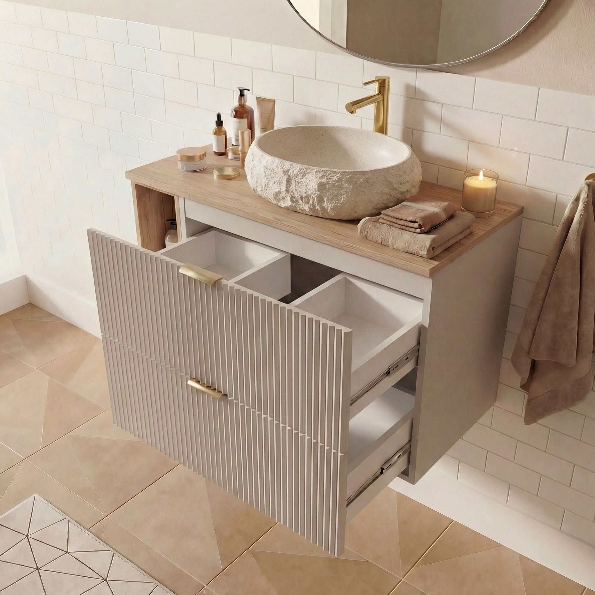 Zestaw mebli łazienkowych: Szafka z 2 szufladami z umywalką, lustro LED Kaszmir Willy