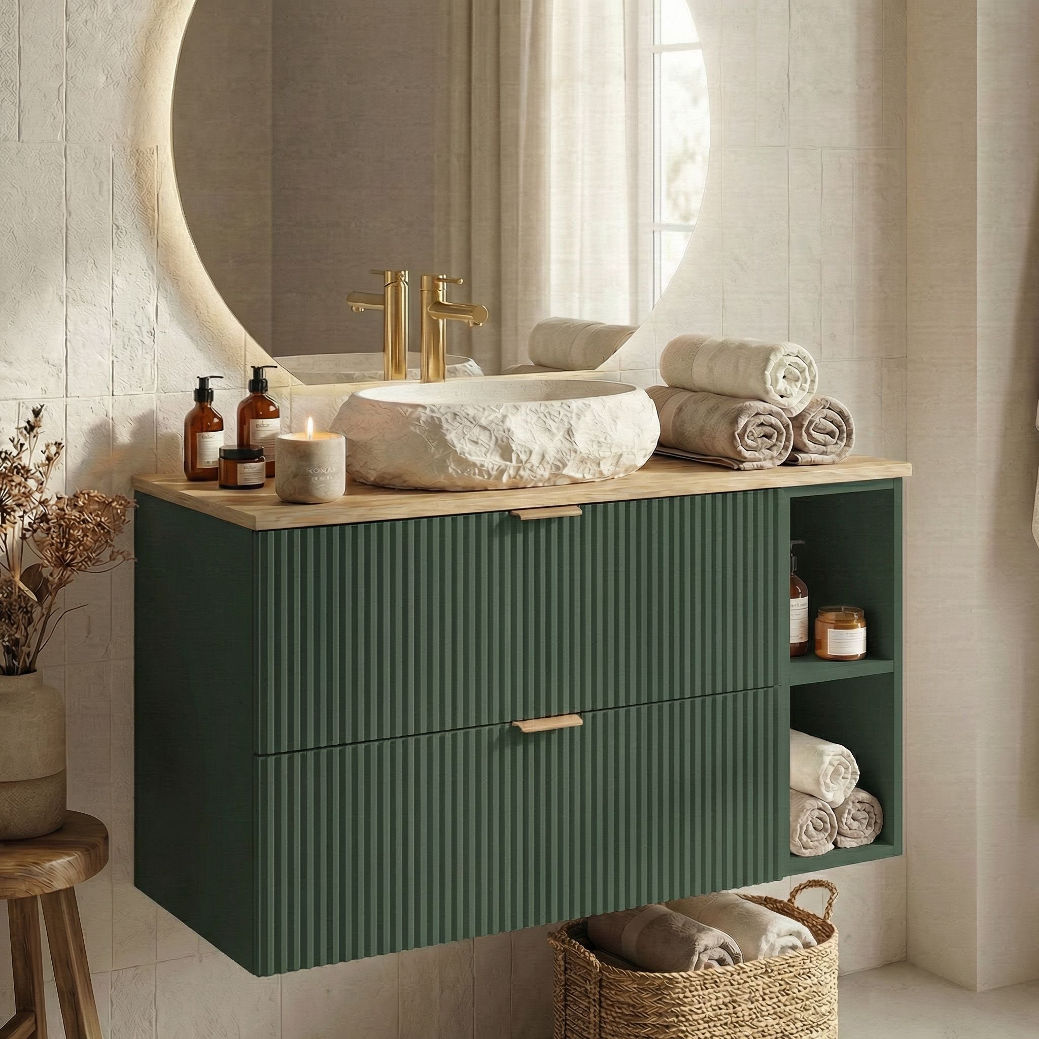 Zestaw mebli łazienkowych: Szafka z 2 szufladami z umywalką, lustro LED Szałwiowy Willy