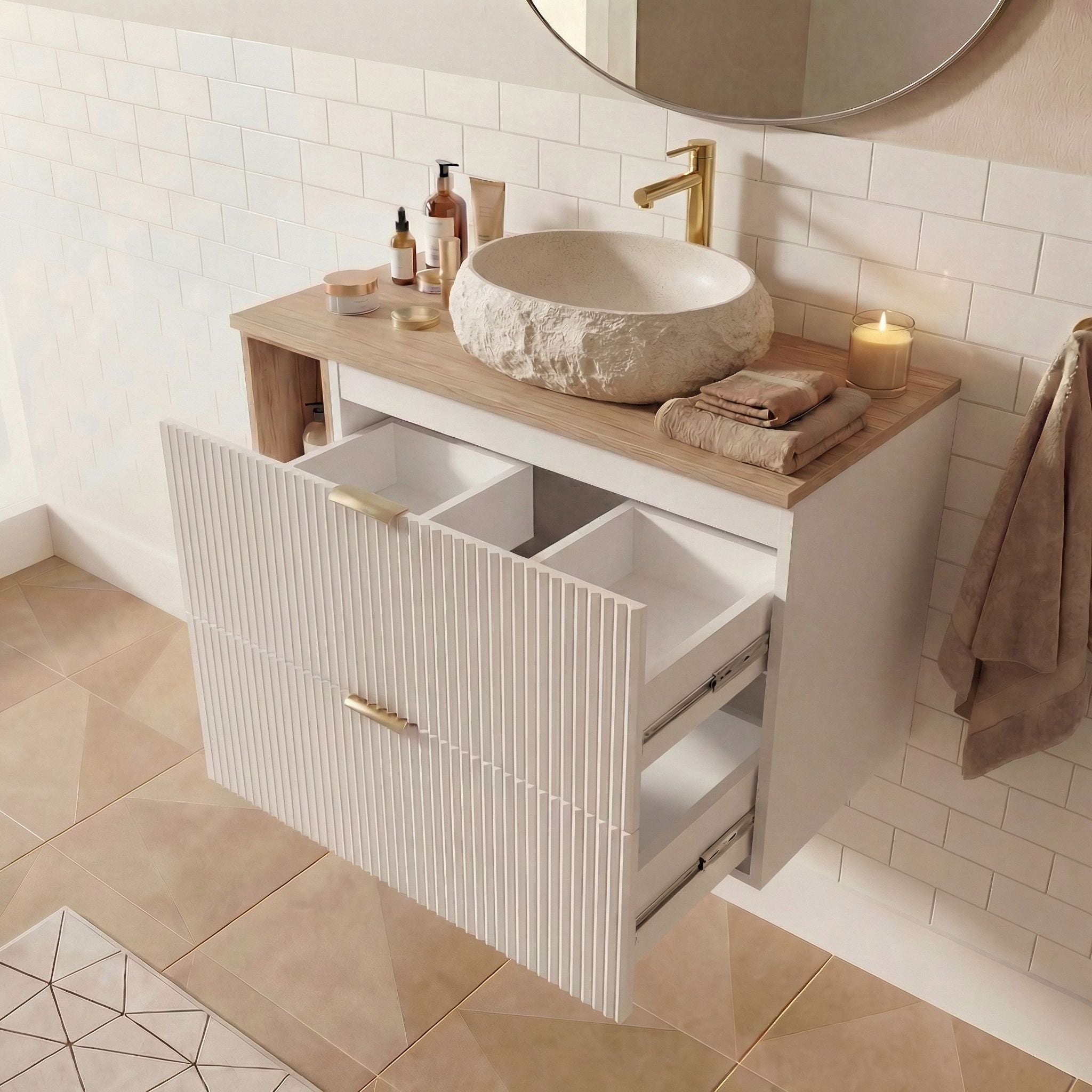 Zestaw mebli łazienkowych: Szafka z 2 szufladami z umywalką, lustro LED Biały Willy