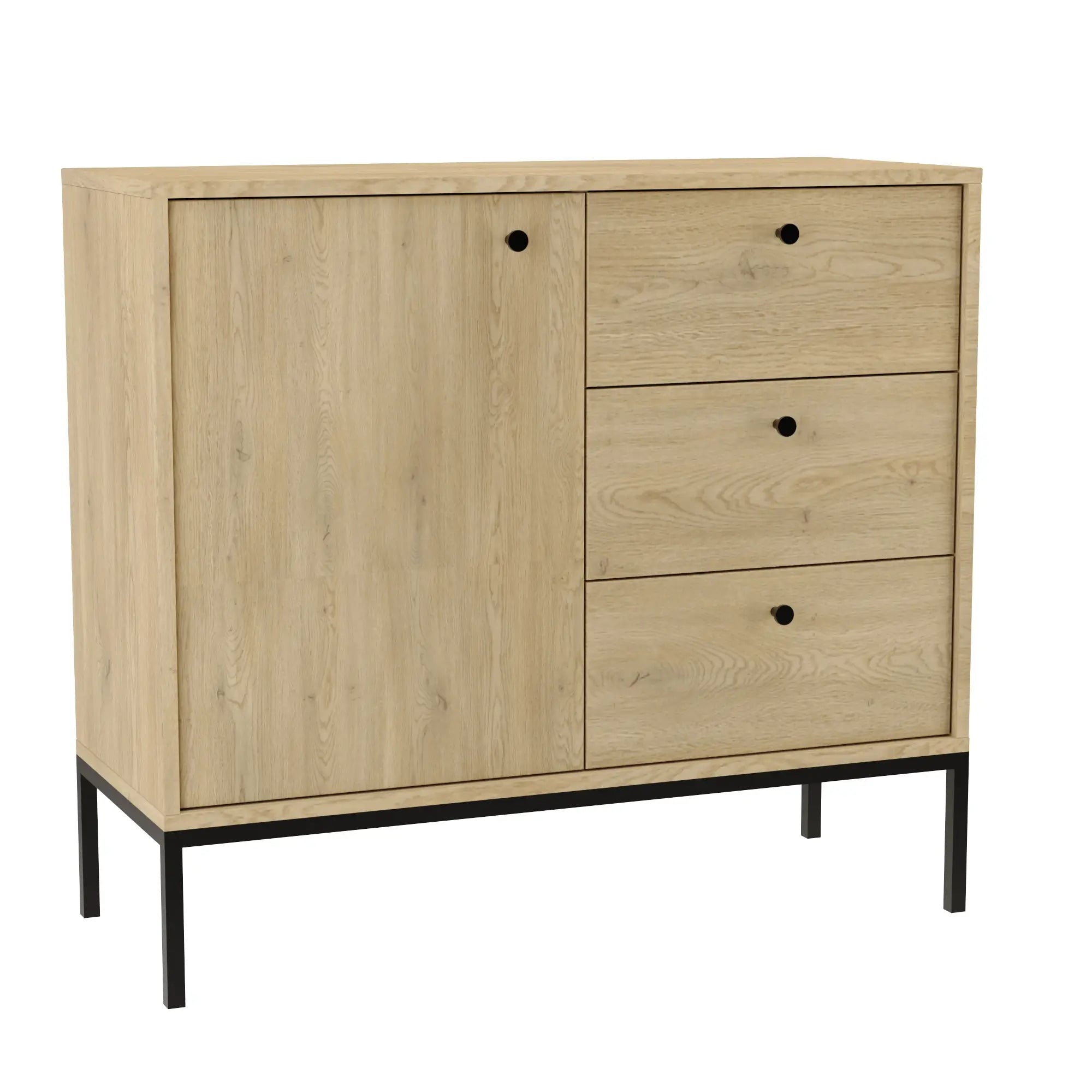 Kommode schmal 100 cm, 1 Tür, 3 Schubladen, glatte Fronten, auf einem schwarzen Metallrahmen in Eiche Cremona – Gaja. Diese kompakte und stilvolle Kommode bietet eine perfekte Kombination aus modernem Design und praktischer Funktionalität. Die glatten Fronten der 1 Tür und 3 Schubladen sorgen für eine zeitlose und elegante Optik. Der stabile schwarze Metallrahmen verleiht der Kommode einen industriellen Touch und sorgt gleichzeitig für Stabilität. Die warme Eiche Cremona-Farbgebung bringt eine natürliche un